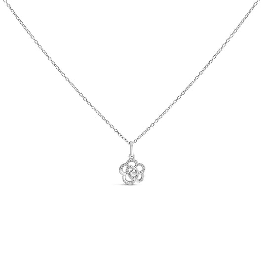 White metal necklace with a flower-shaped pendant decorated with round white gemstones in prong settings, shown from a front angle on a white background.