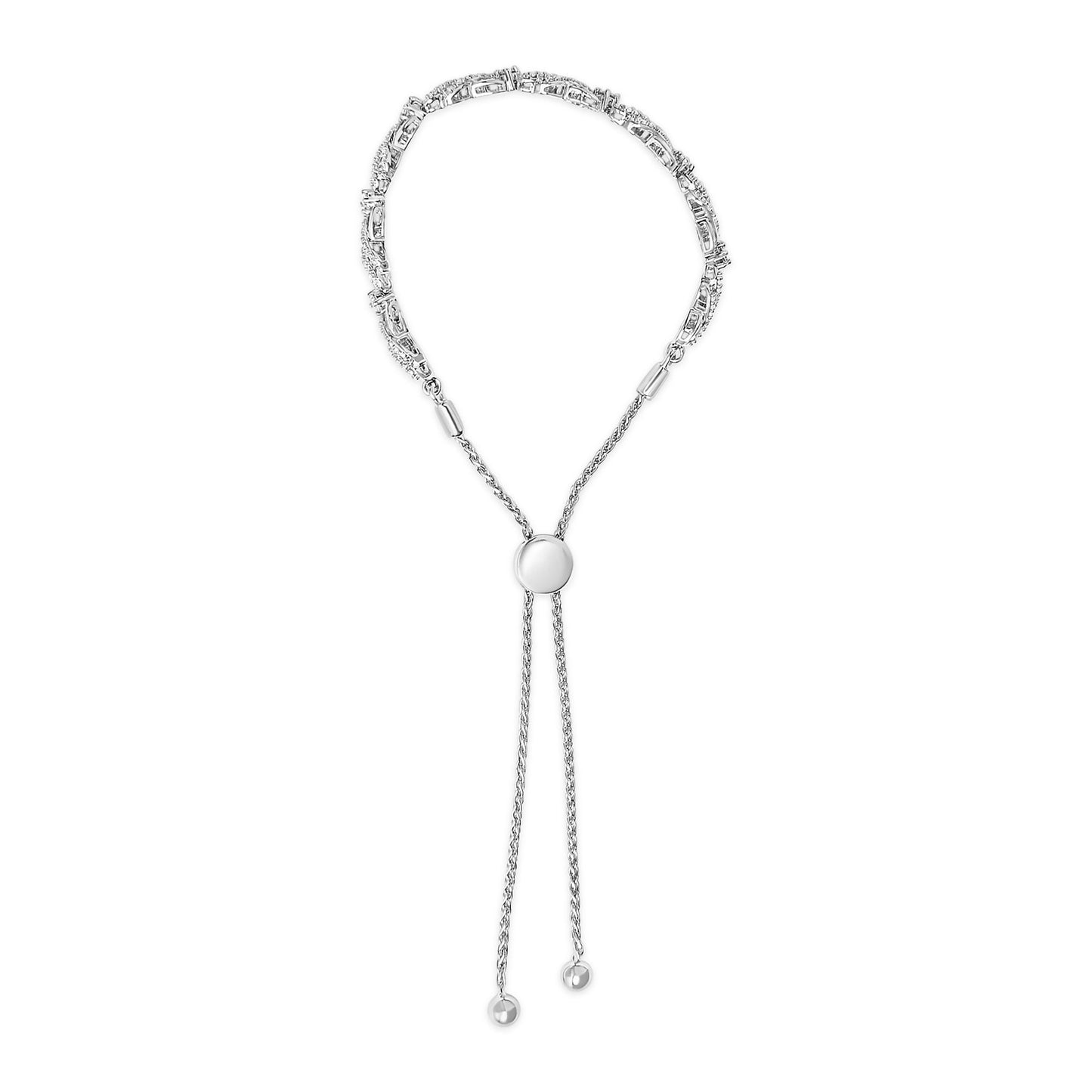 Front-facing view of a white metal bracelet with round white gemstones set in prong settings along the upper half, featuring a sliding clasp and two dangling chain ends with small round metal beads.