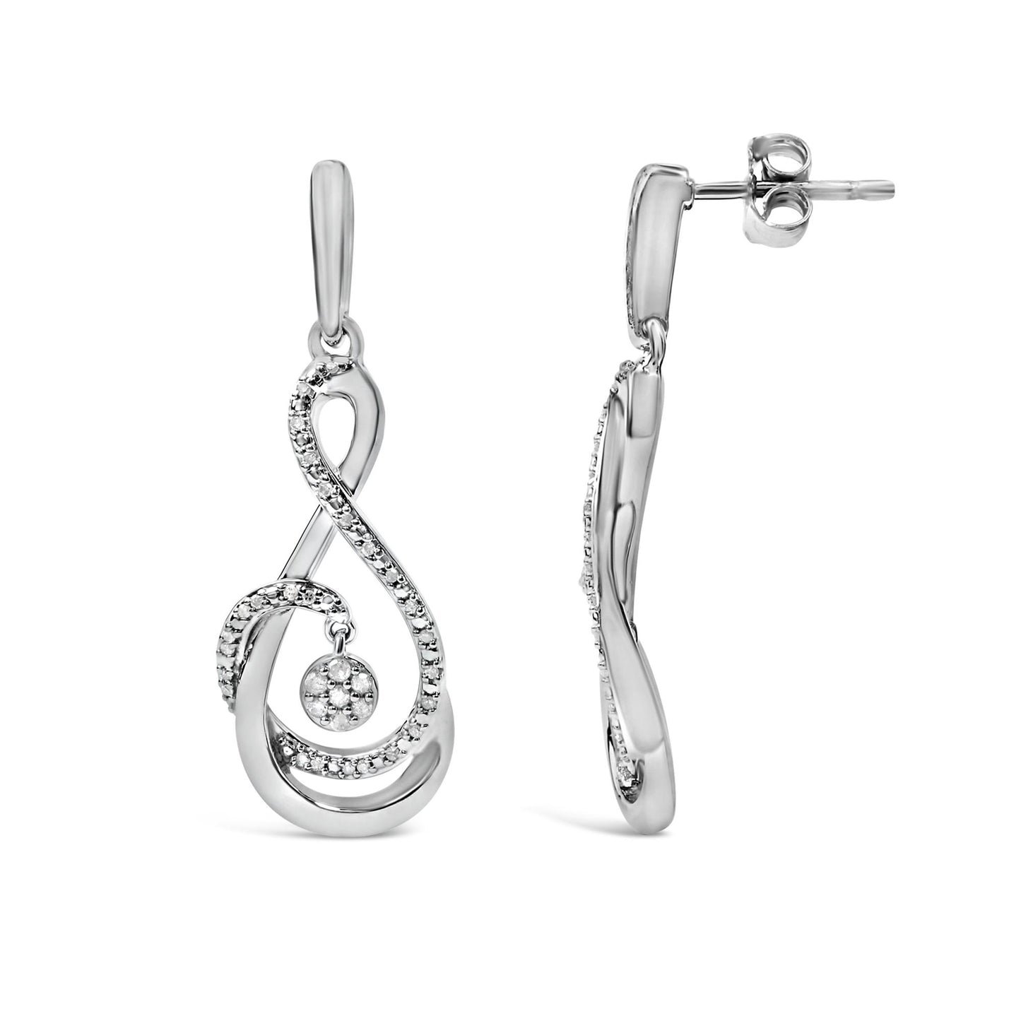 Pair of white metal earrings with a swirling loop design accented with small white gemstones, one earring shown front-facing and the other shown from the side against a white background.