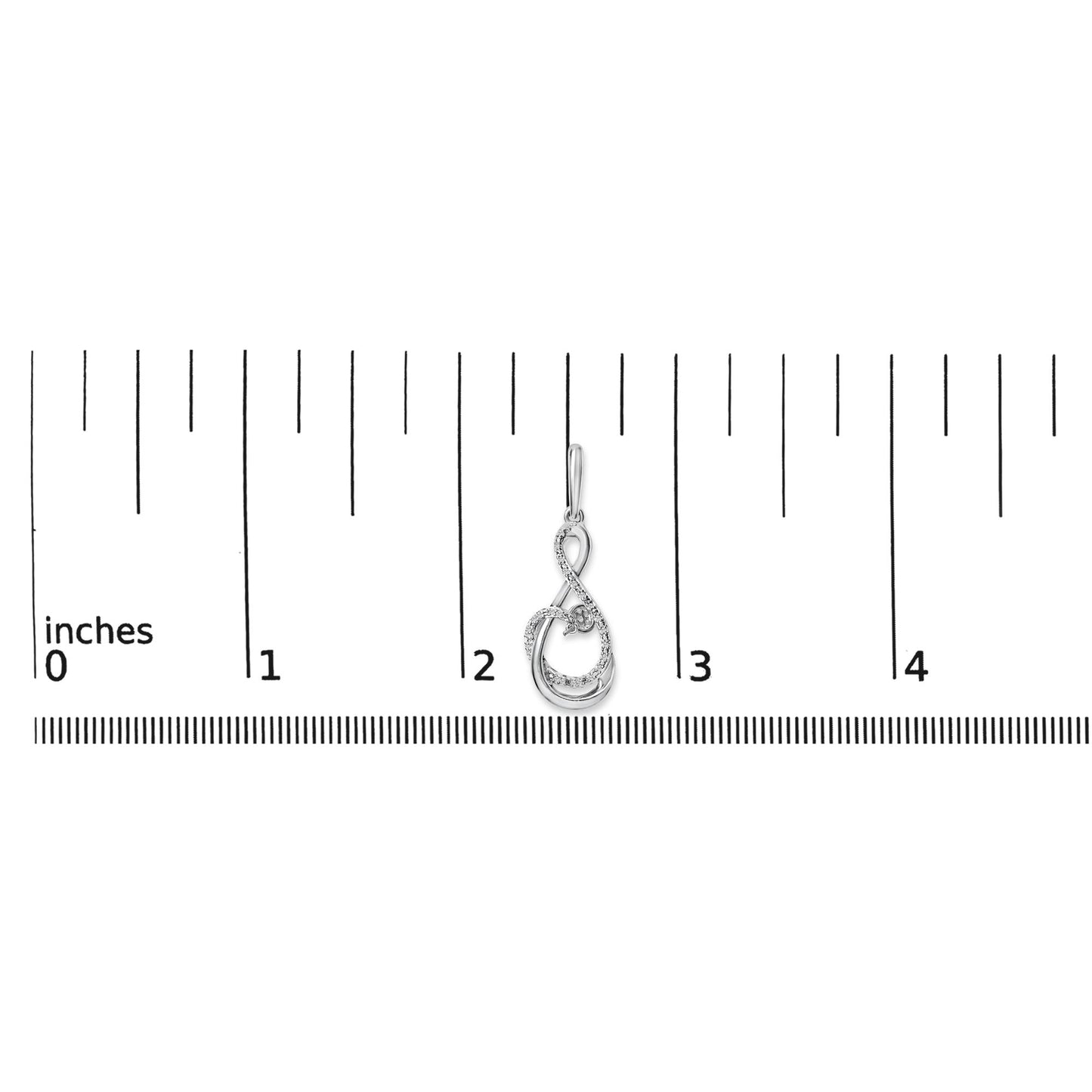 White metal earring with an intricate looped design set with multiple small round white gemstones, shown on a scale from above.