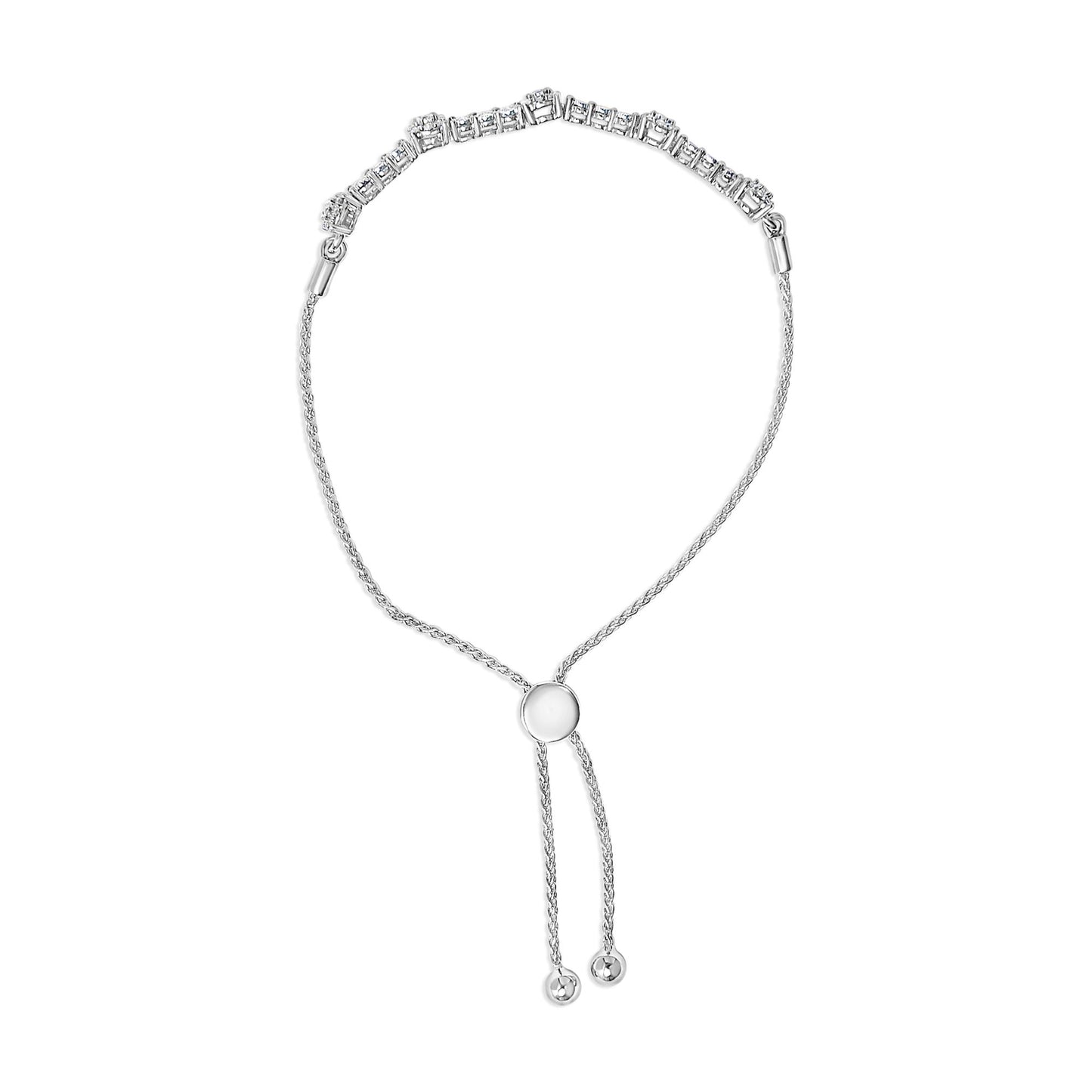 Front view of a white metal bracelet with a chain and a sliding circular clasp, featuring a row of round white gemstones in prong settings along the top section.
