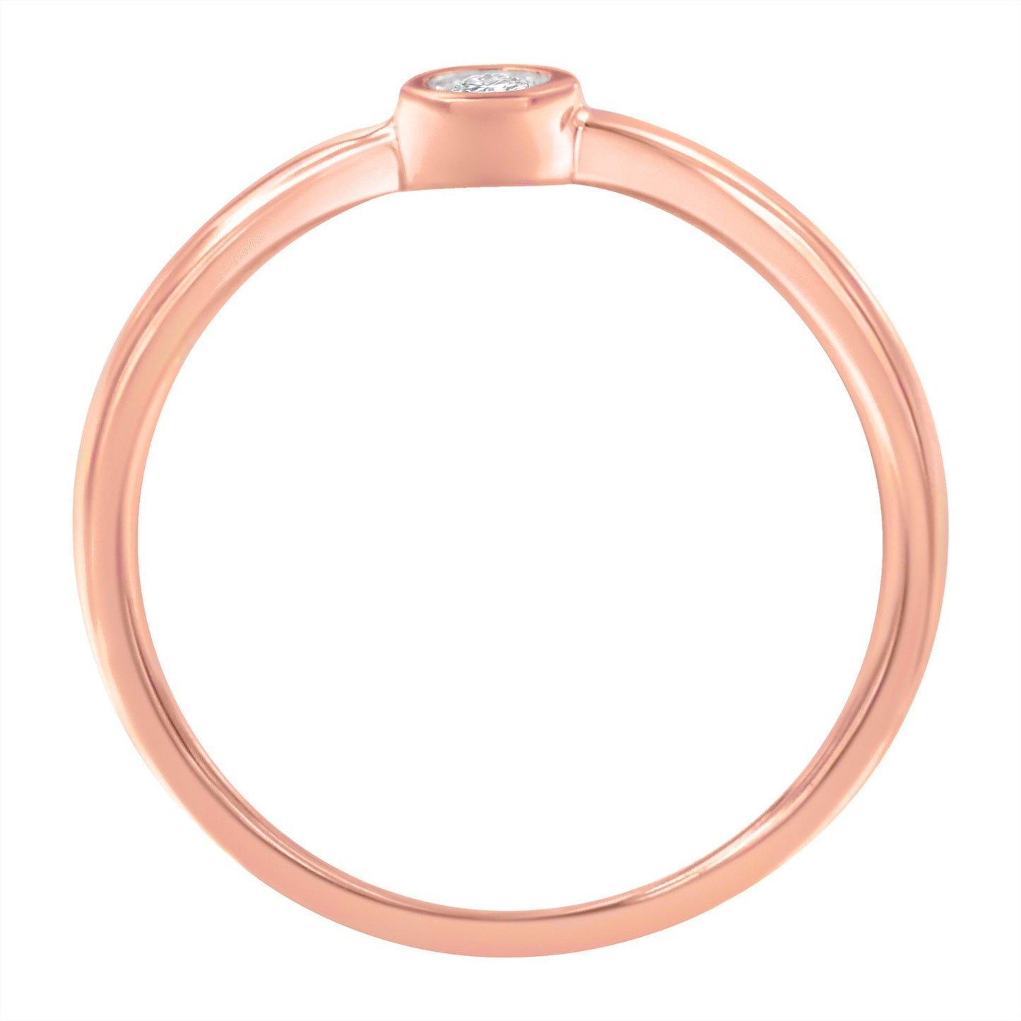 Close-up side view of a rose-colored ring with a single round white gemstone set in a bezel setting.