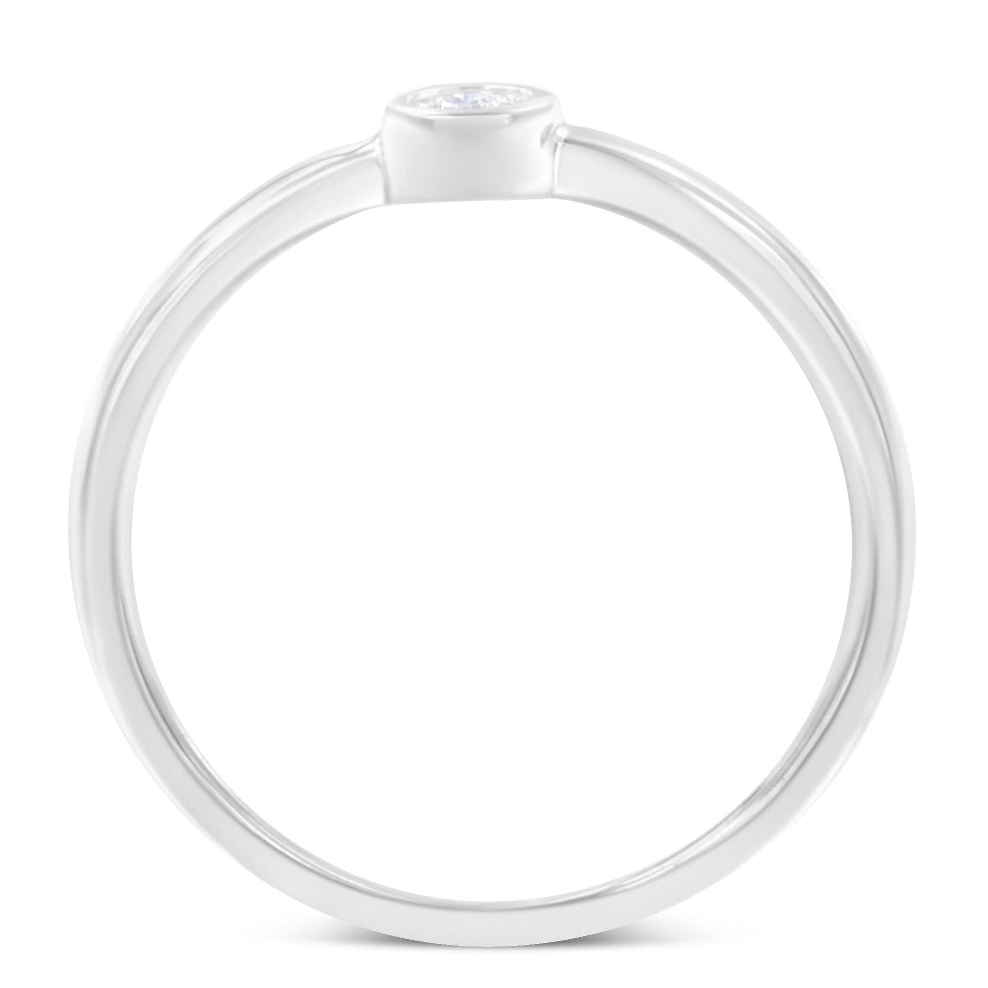 Top-down view of a white metal ring featuring a single round white gemstone in a miracle setting.