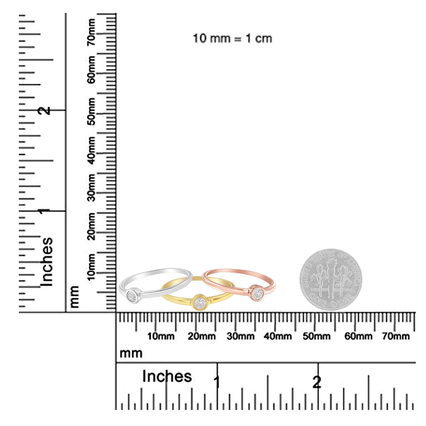 Three rings in yellow, white, and rose metal colors with round white gemstones in a miracle setting, shown at a slight front angle on a ruler for size reference.