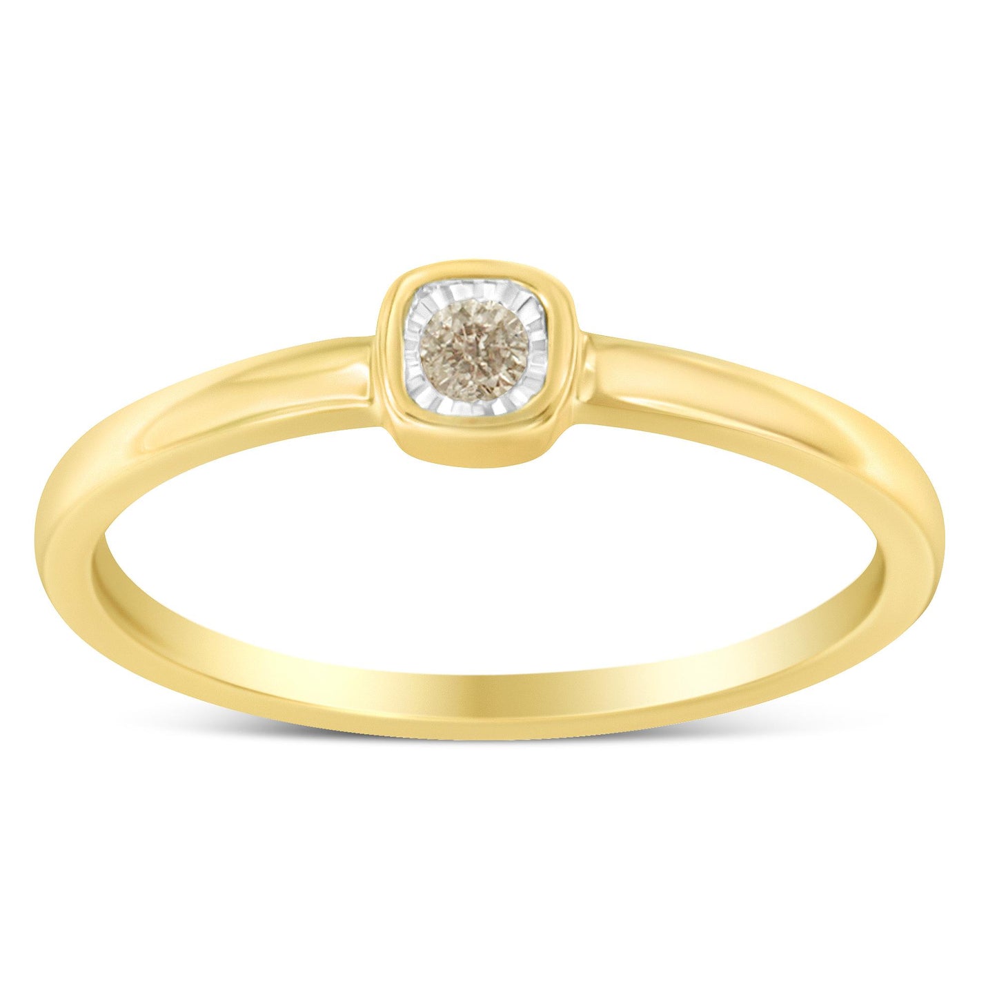 Front view of a yellow ring with a round white gemstone in a miracle setting.