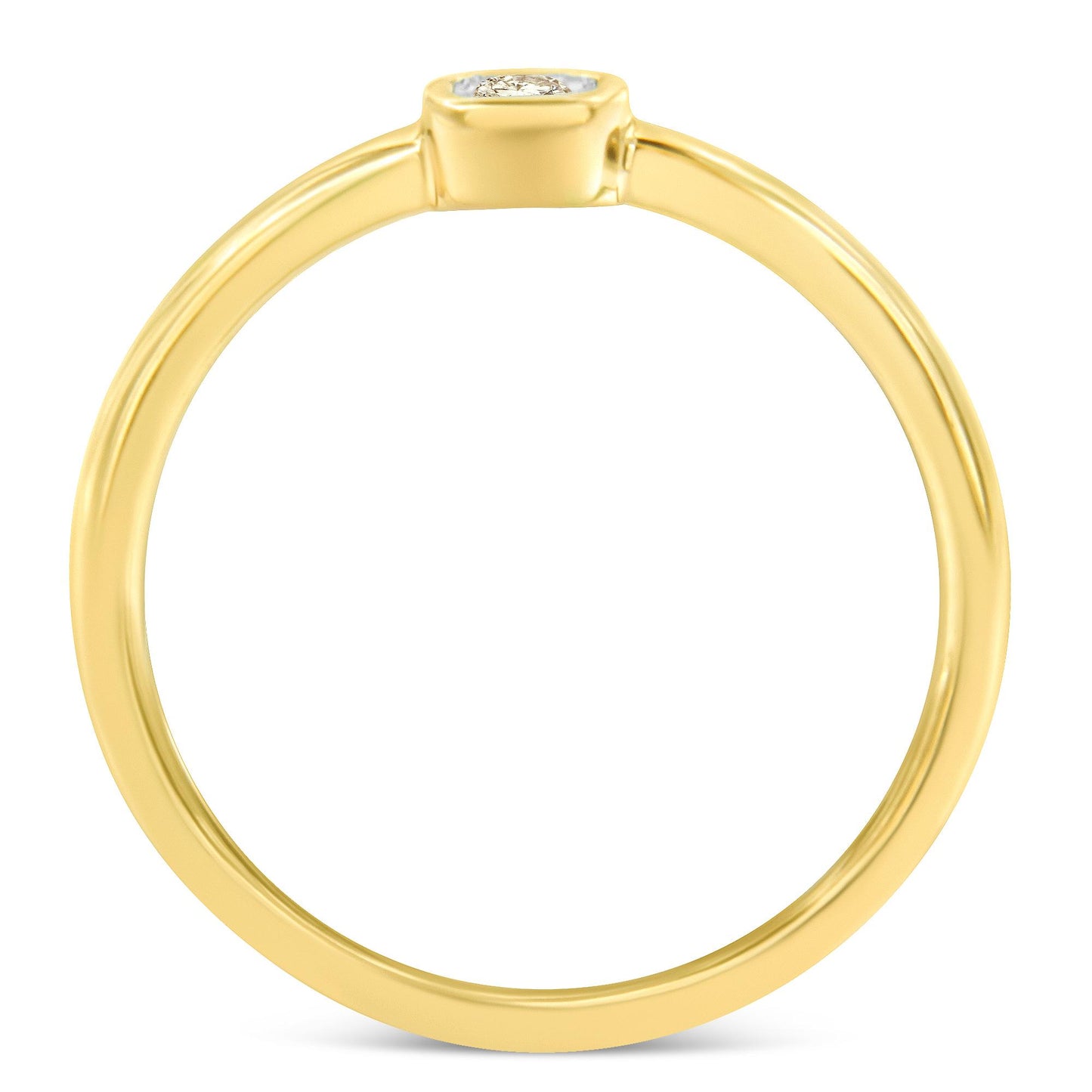 Top-down close-up of a yellow ring with a single round white gemstone in a miracle setting.