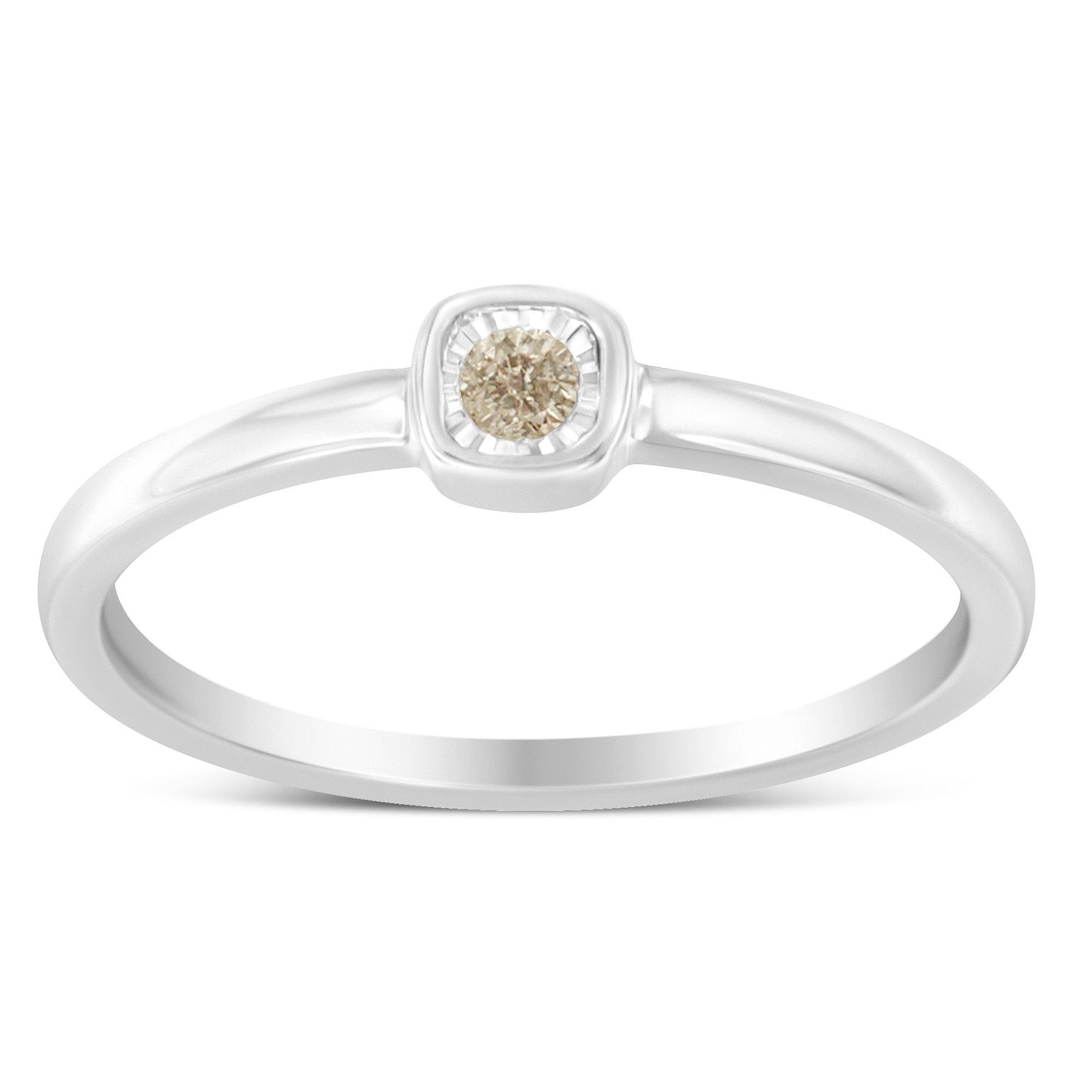 Front view of a white metal ring with a single round white gemstone in a miracle setting.