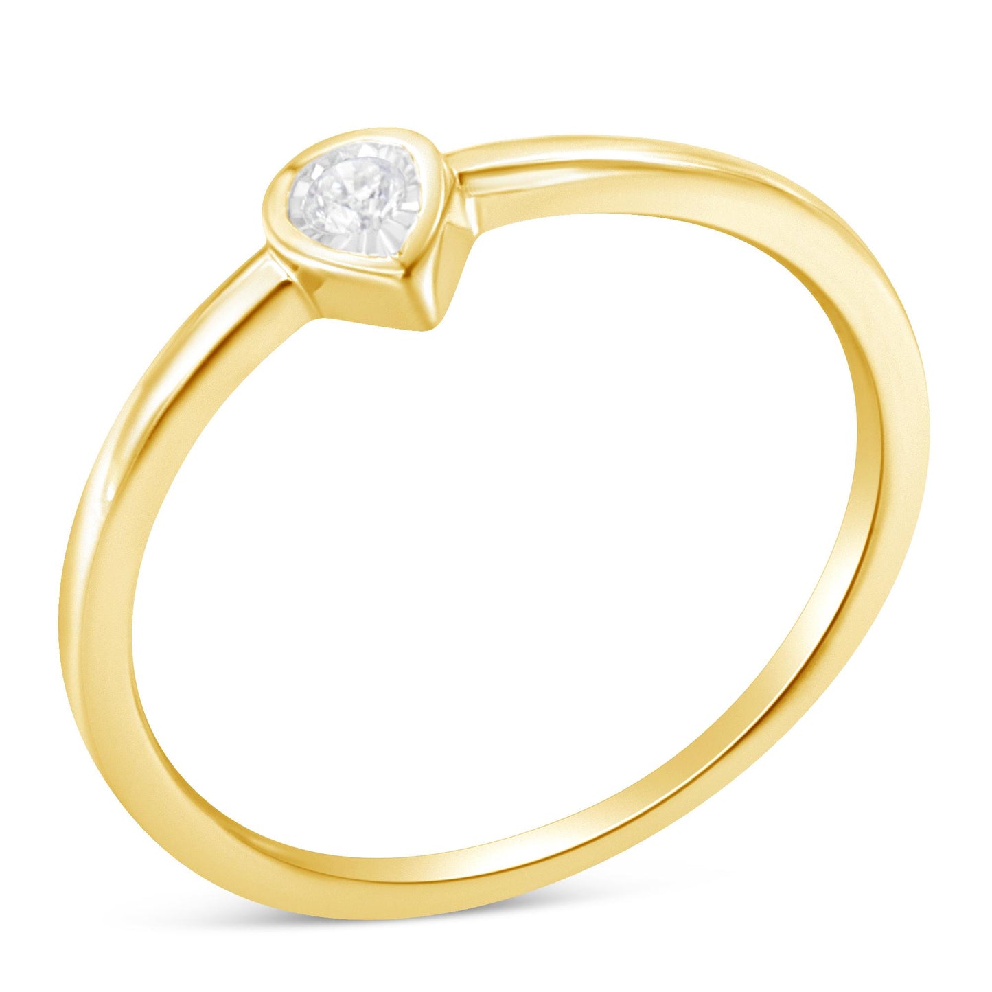 Close-up angled view of a yellow metal ring featuring a single round white gemstone in a miracle setting.