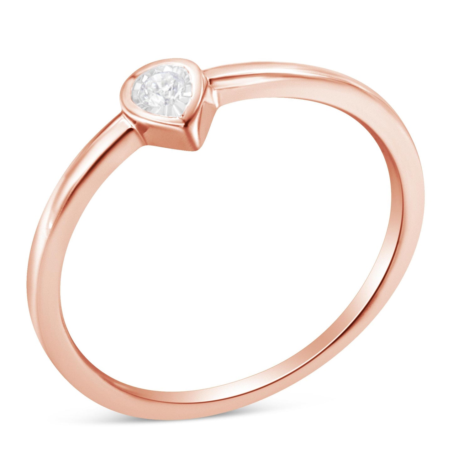 Rose metal ring with a single round white gemstone in a miracle setting, shown at a slight angled top view.