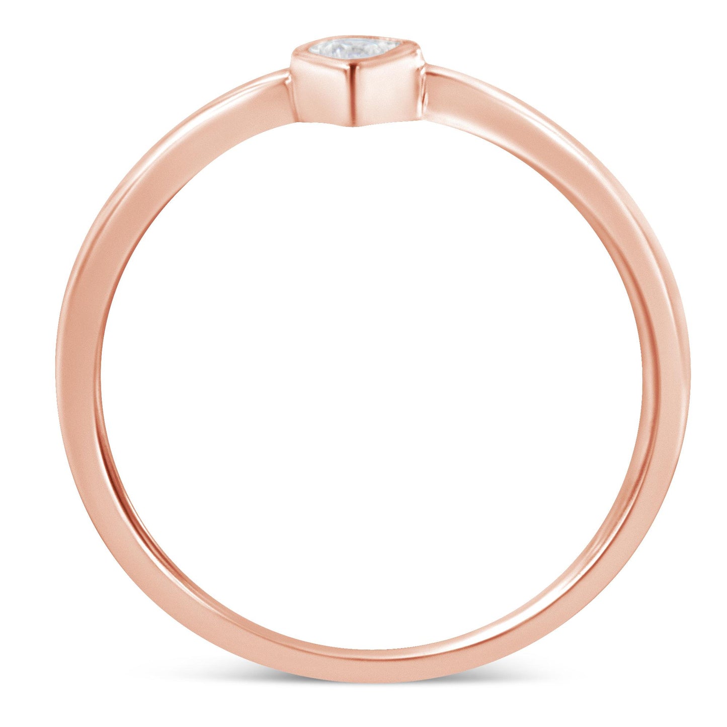 Close-up front view of a rose-colored ring featuring a single round white gemstone set in a miracle setting.