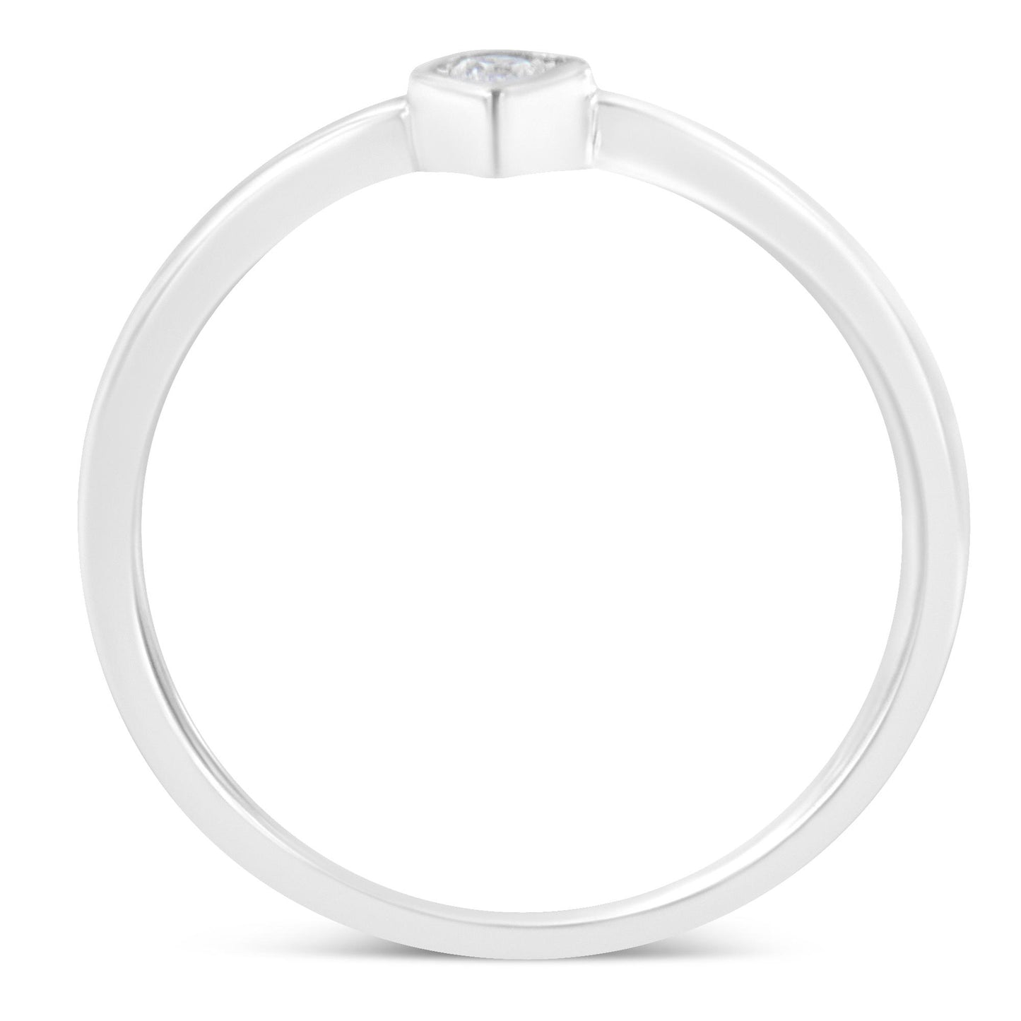 Top-down view of a white metal ring with a single round white gemstone in a bezel setting.