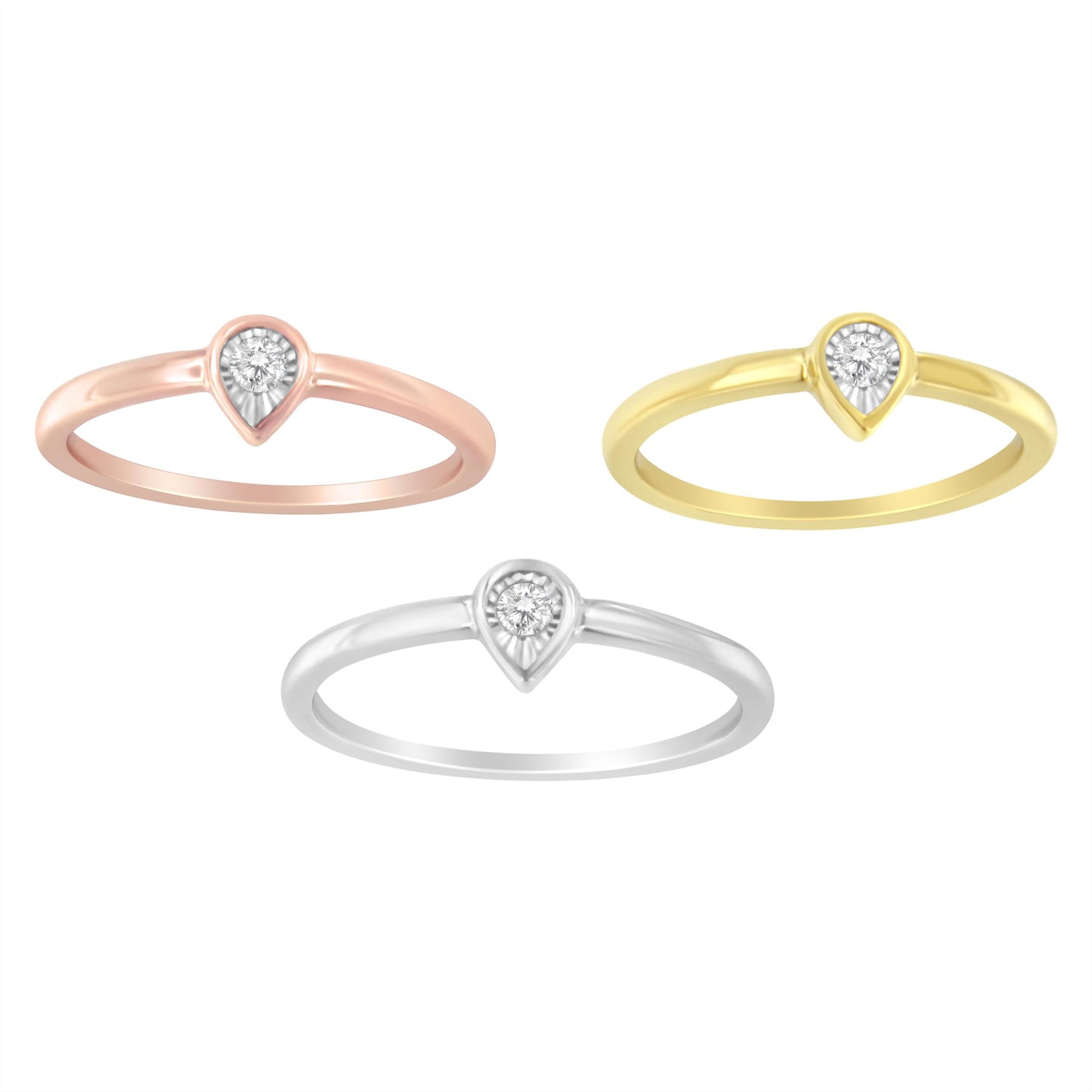 Front-facing view of three rings in yellow, white, and rose metal colors, each featuring a single round white gemstone in a miracle setting.