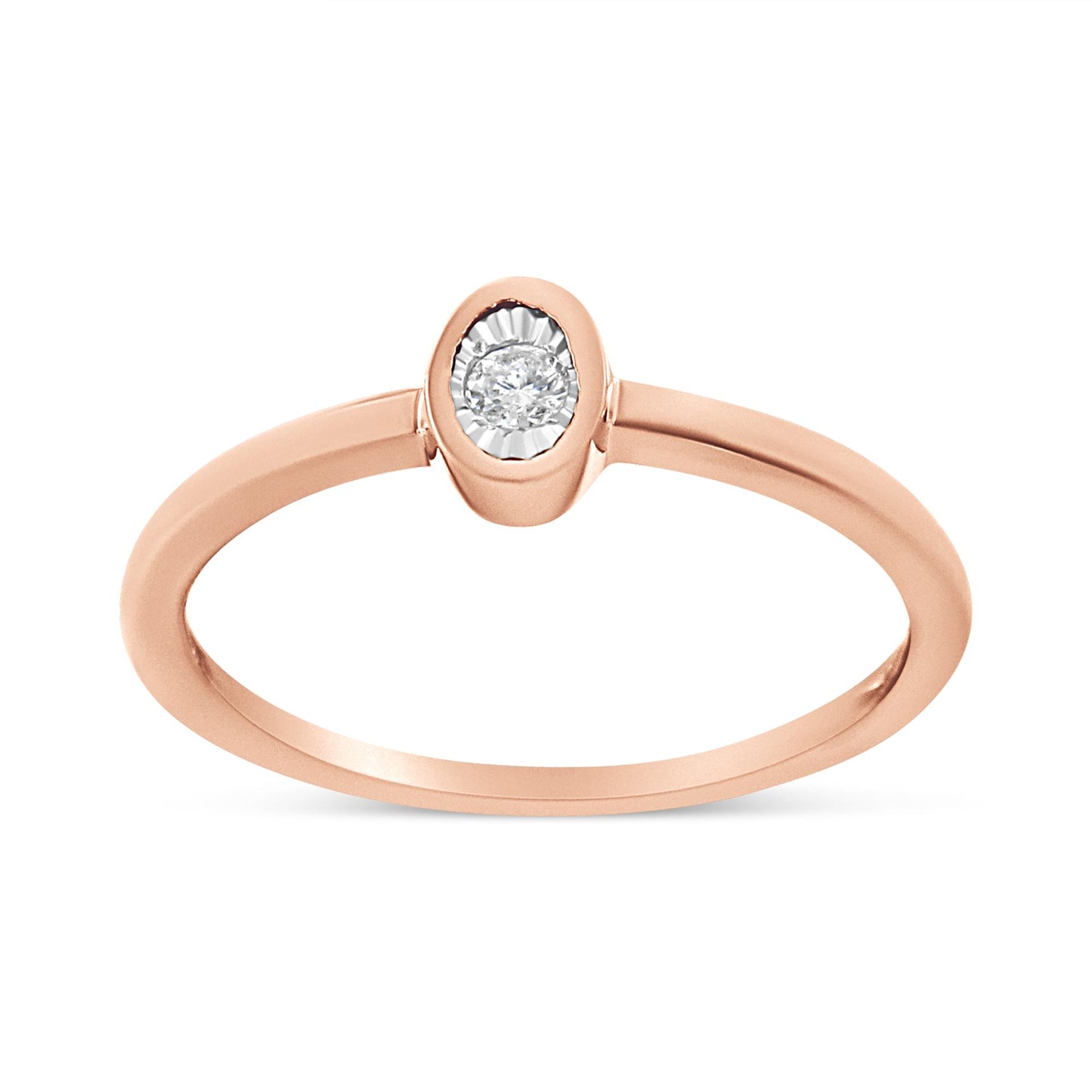 Front angle view of a rose-colored ring featuring a single round white gemstone in a miracle setting.