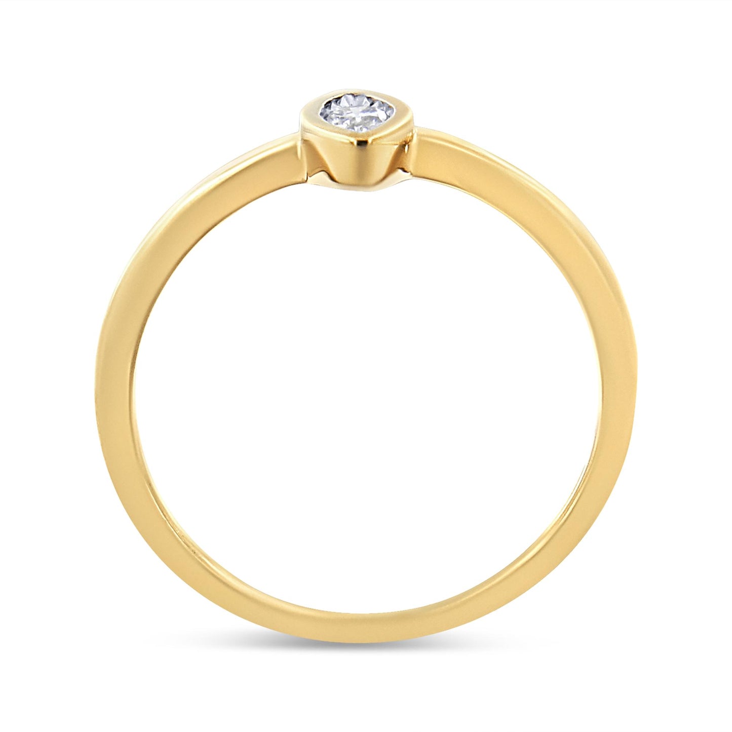 Close-up front angle of a yellow ring with a single round white gemstone set in a miracle setting.