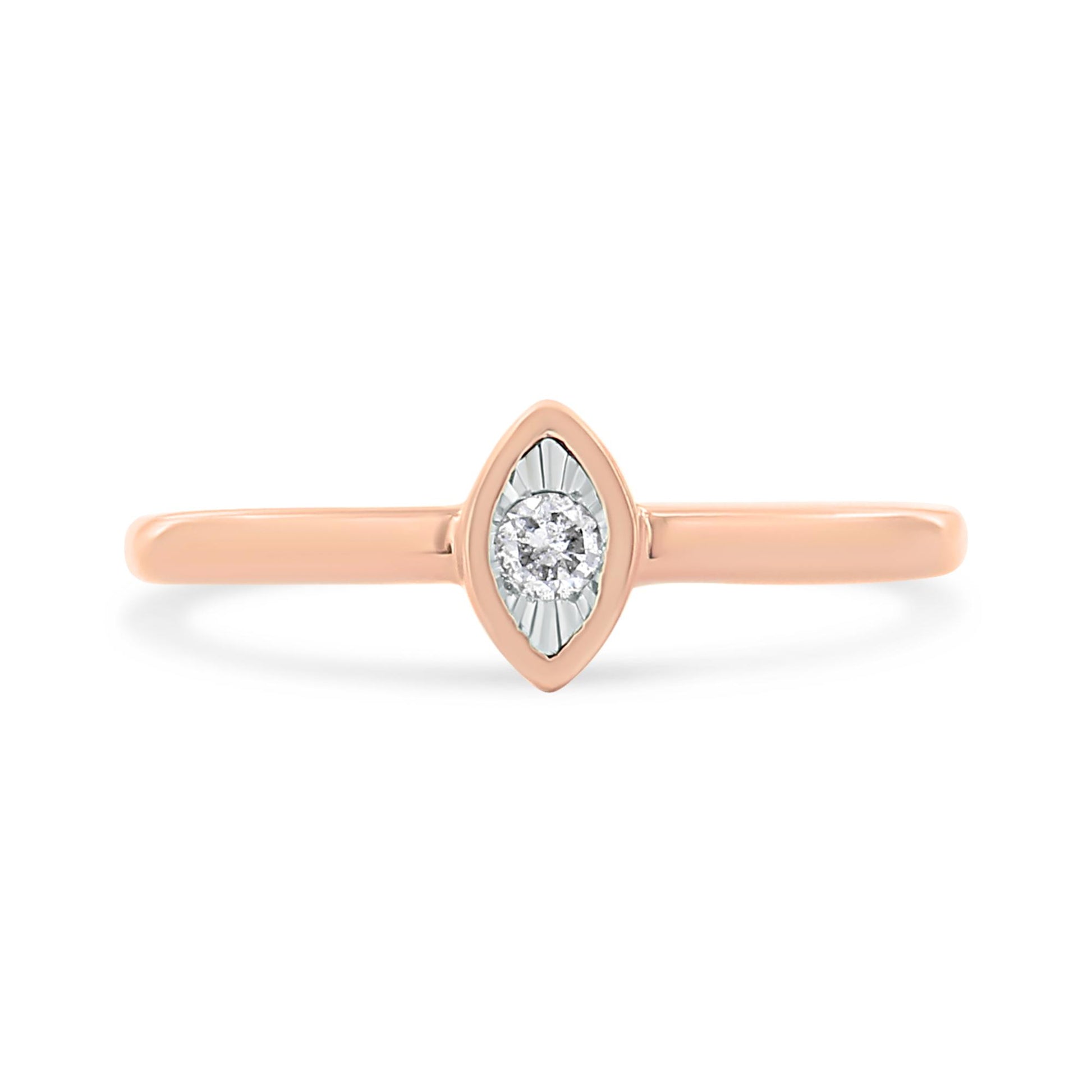 Front-facing view of a rose-colored ring featuring a single round white gemstone in a marquise-shaped setting.