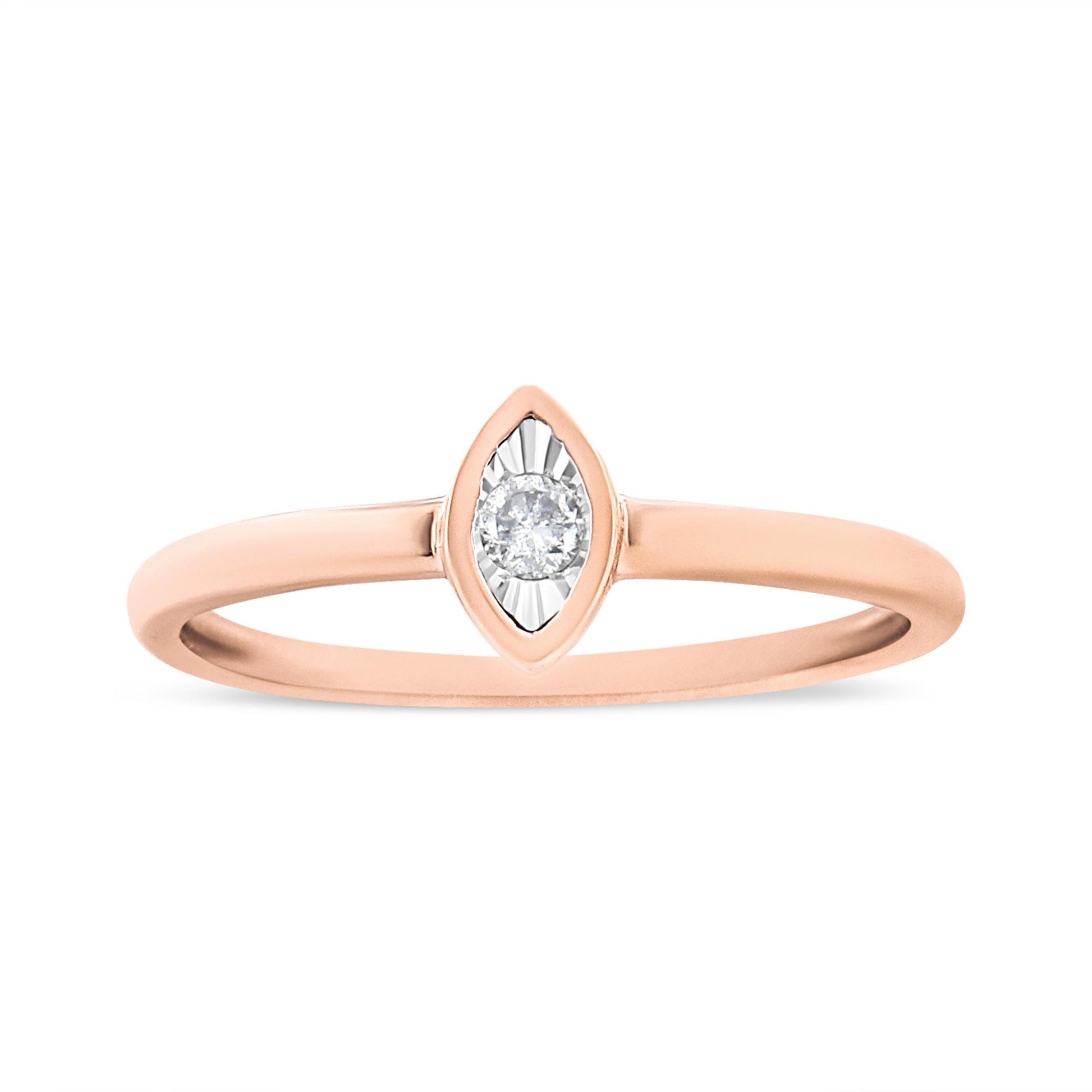 Front view of a rose-colored ring with a single round white gemstone in a miracle setting.
