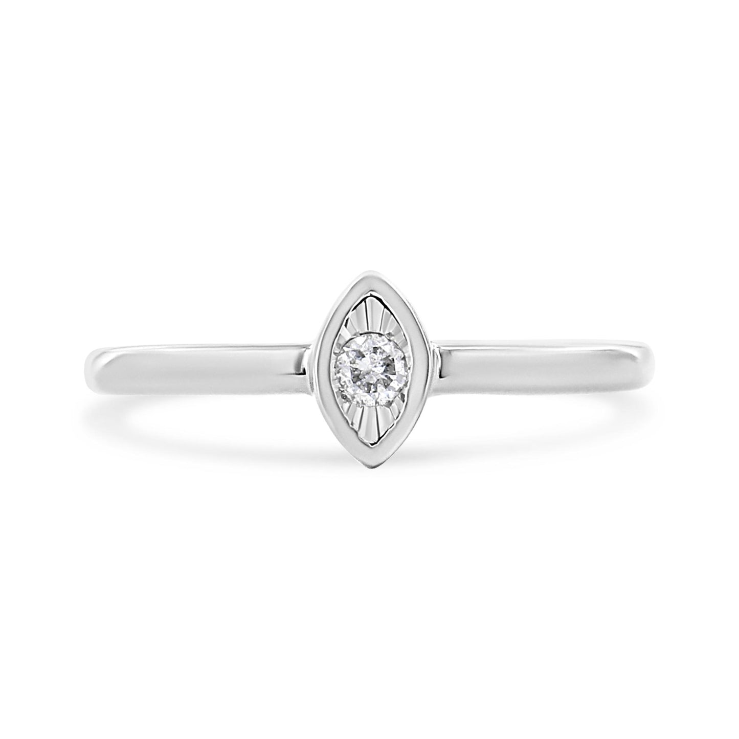 Front view of a white metal ring with a marquise-shaped setting featuring a round white gemstone in the center.