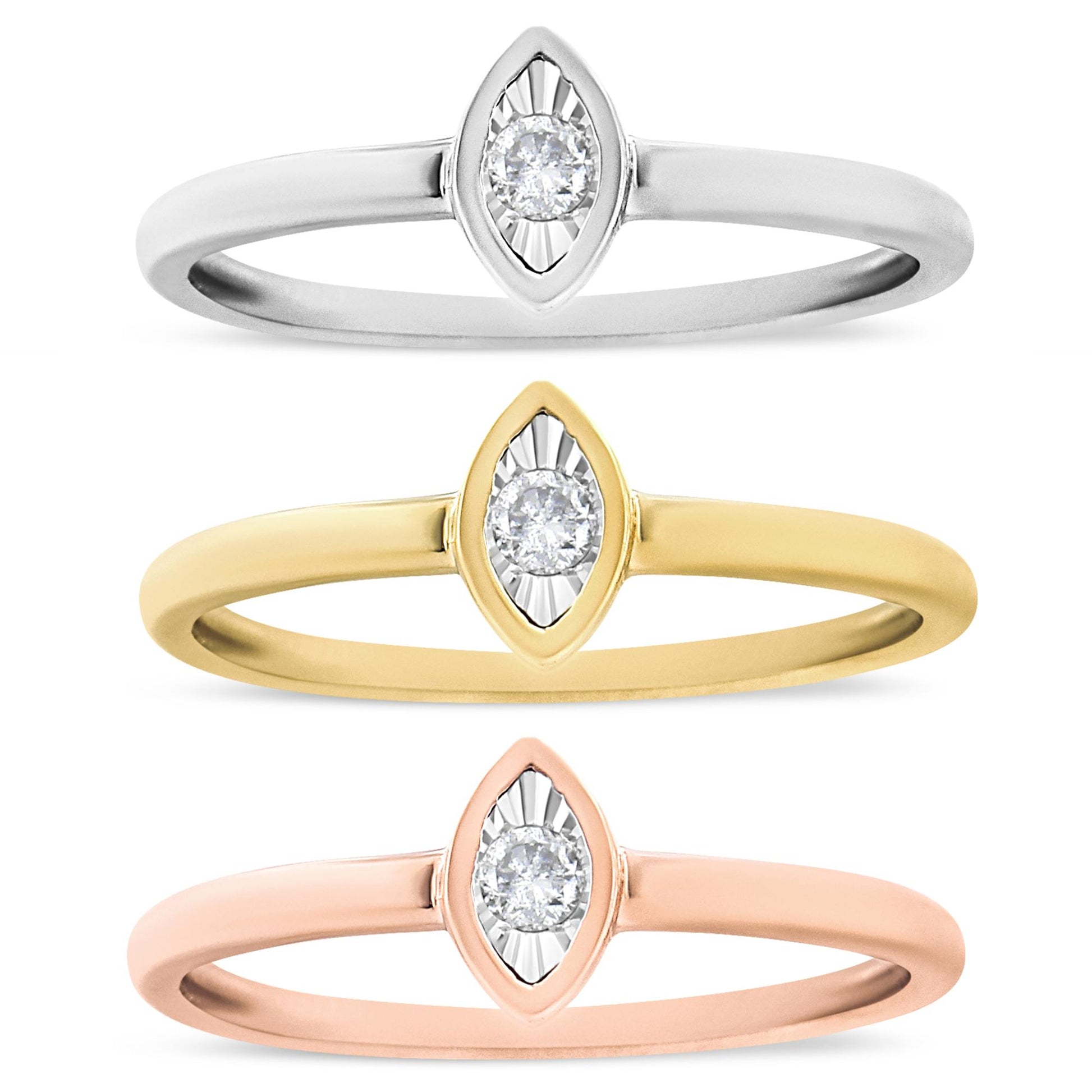 Three rings in a vertical row, viewed from the front, each with a round white gemstone set in a marquise-shaped setting; the bands are yellow, white, and rose metal colors.