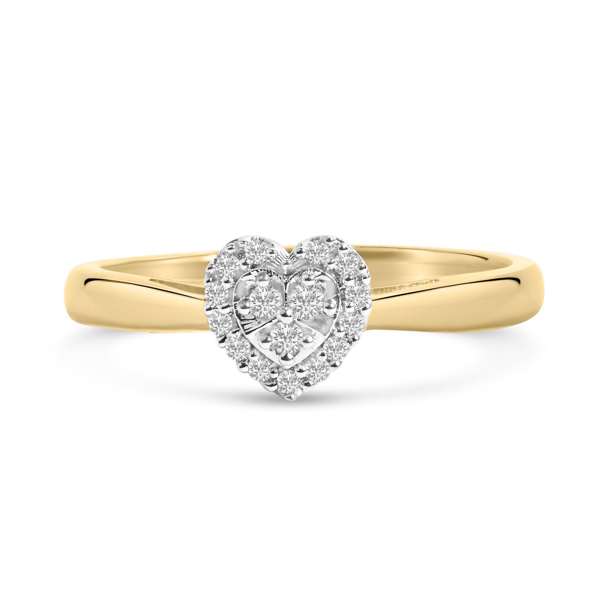 Front view of a yellow and white metal ring with a heart-shaped cluster of white round gemstones in prong settings on the band.