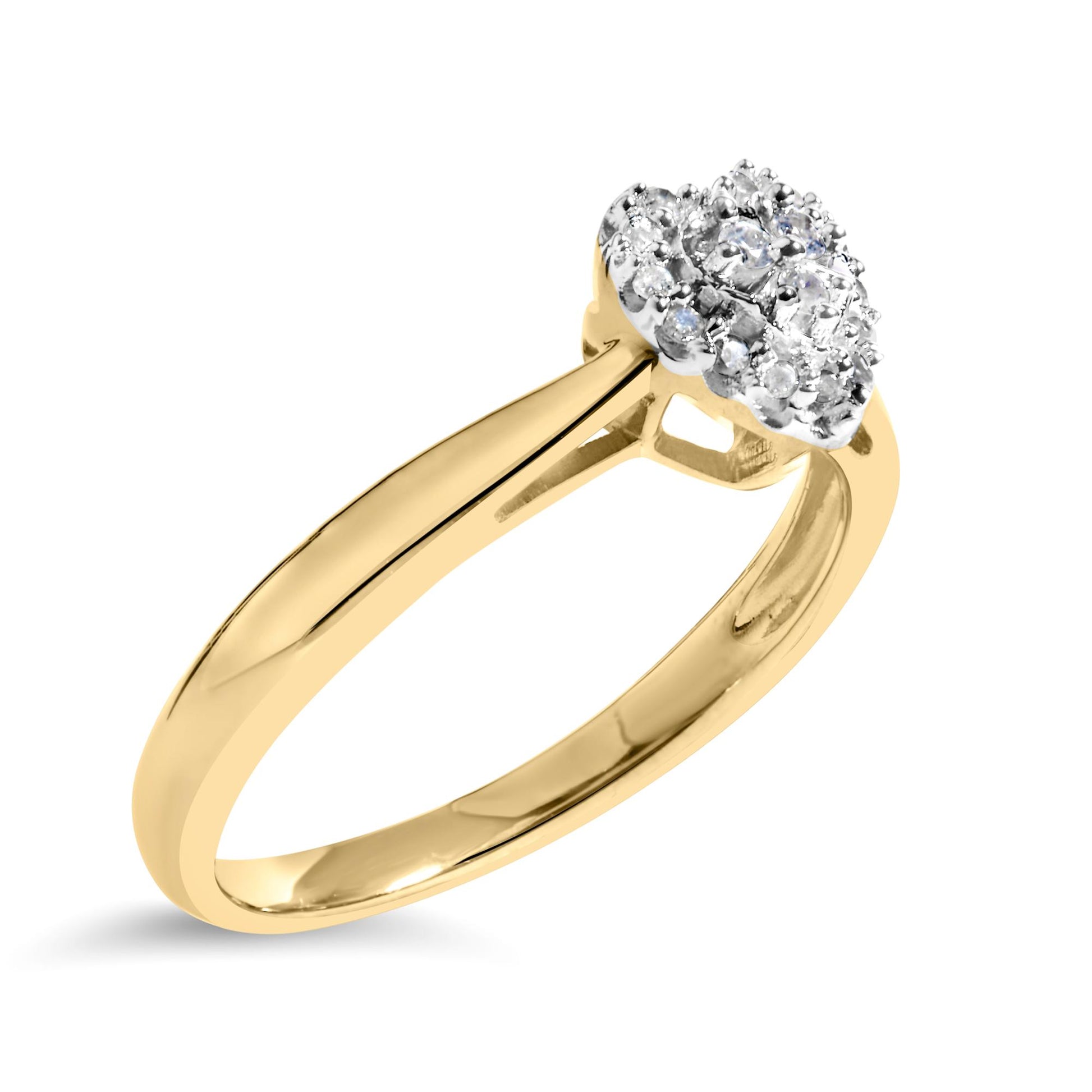 Ring with yellow and white metal, featuring a cluster of white round gemstones in prong settings, shown at an angled side view.