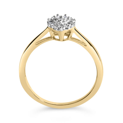 Close-up side angle of a ring with a yellow band and a top setting in white metal featuring a cluster of small white round gemstones in prong settings.