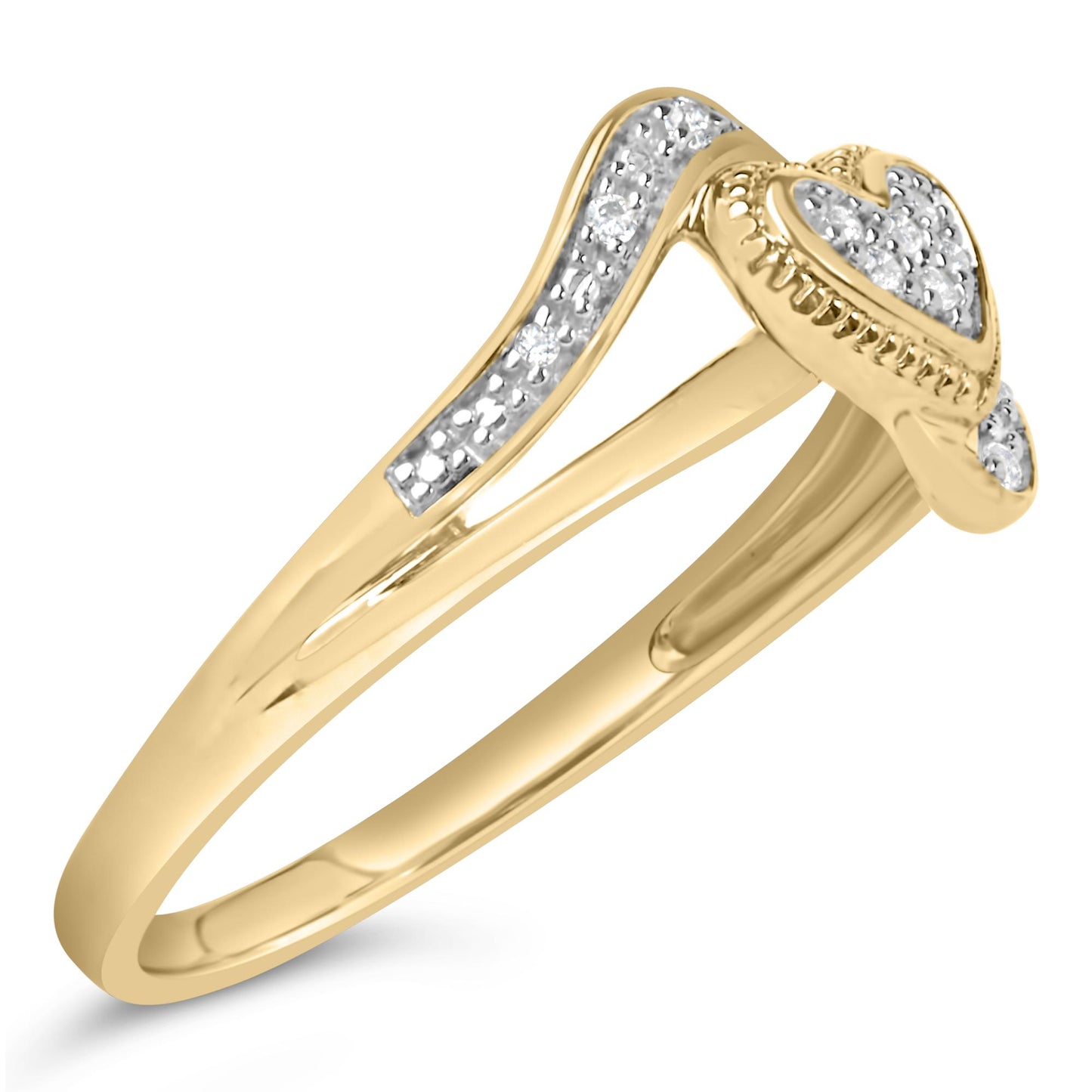 Ring with yellow and white metal colors, featuring a heart-shaped design and curved band, adorned with multiple small white gemstones in pave settings, shown from a side angle.