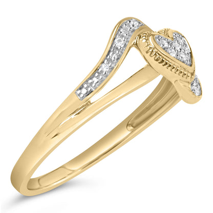 Ring with yellow and white metal colors, featuring a heart-shaped design and curved band, adorned with multiple small white gemstones in pave settings, shown from a side angle.