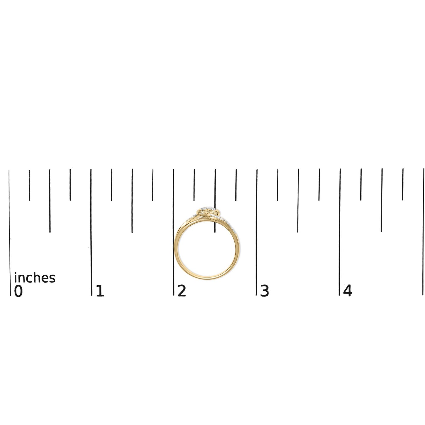 Yellow metal ring with multiple white round gemstones in pave setting, side view, shown on a measurement scale.