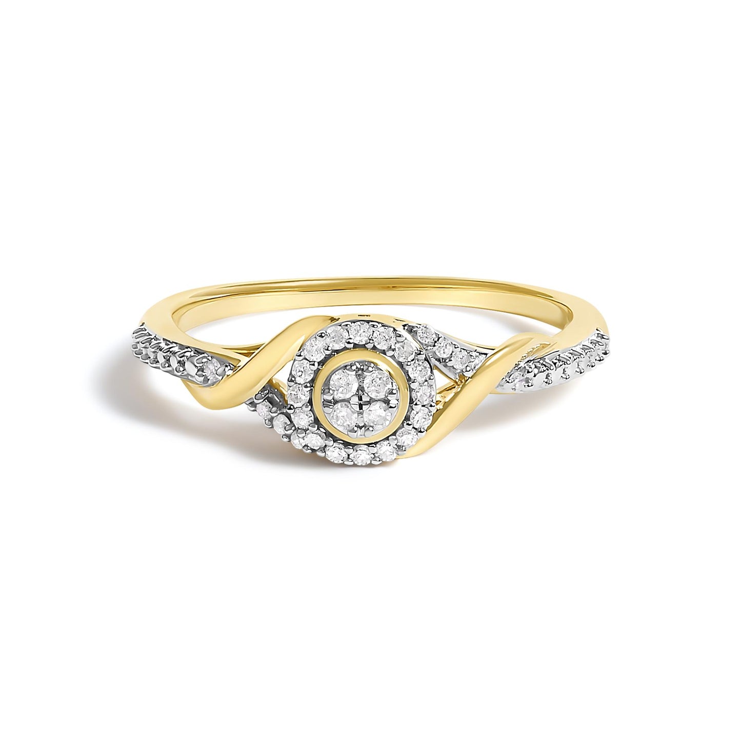 Yellow metal ring with a twisted band design, adorned with multiple small white gemstones in prong settings forming a circular cluster at the center, shown from a front angle on a white background.