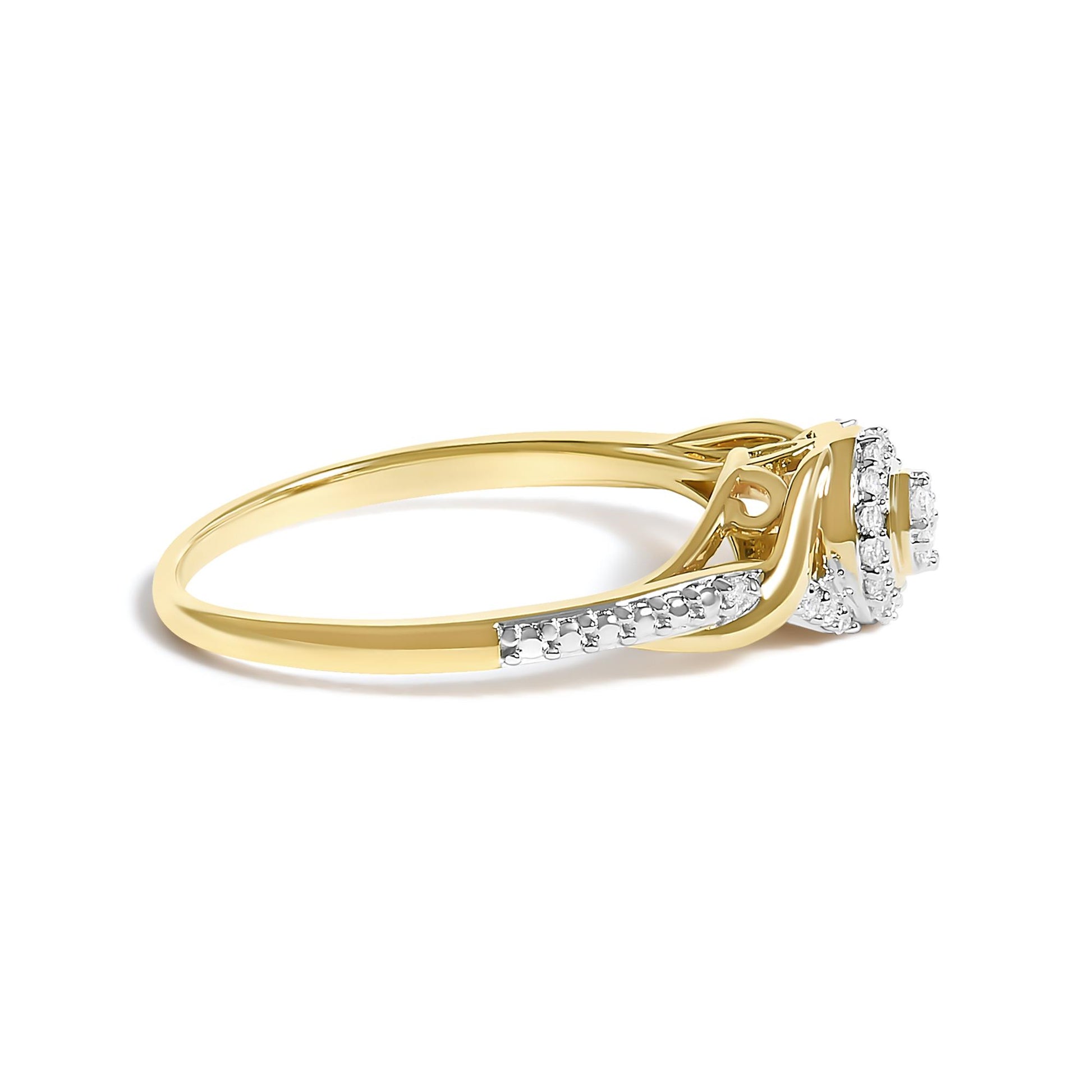 Side view of a yellow metal ring featuring multiple round white gemstones set in prong settings along the band and clustered at the top.