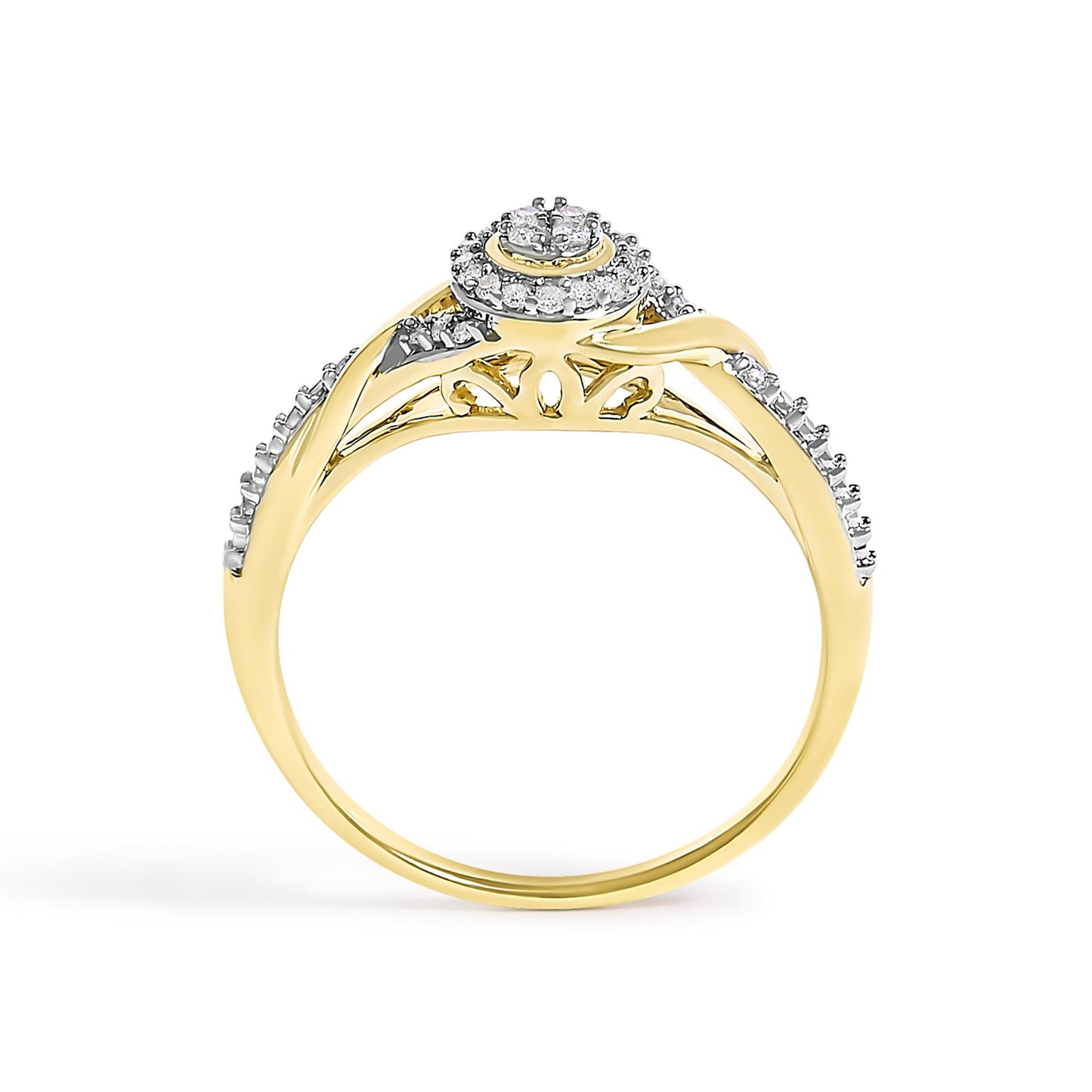 Yellow metal ring with an intricate split shank design, adorned with multiple round white gemstones in prong settings, shown from the side angle.