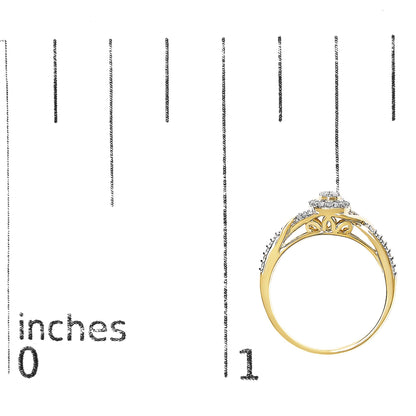 Yellow metal ring with white round gemstones in prong settings, shown on a scale, side view.