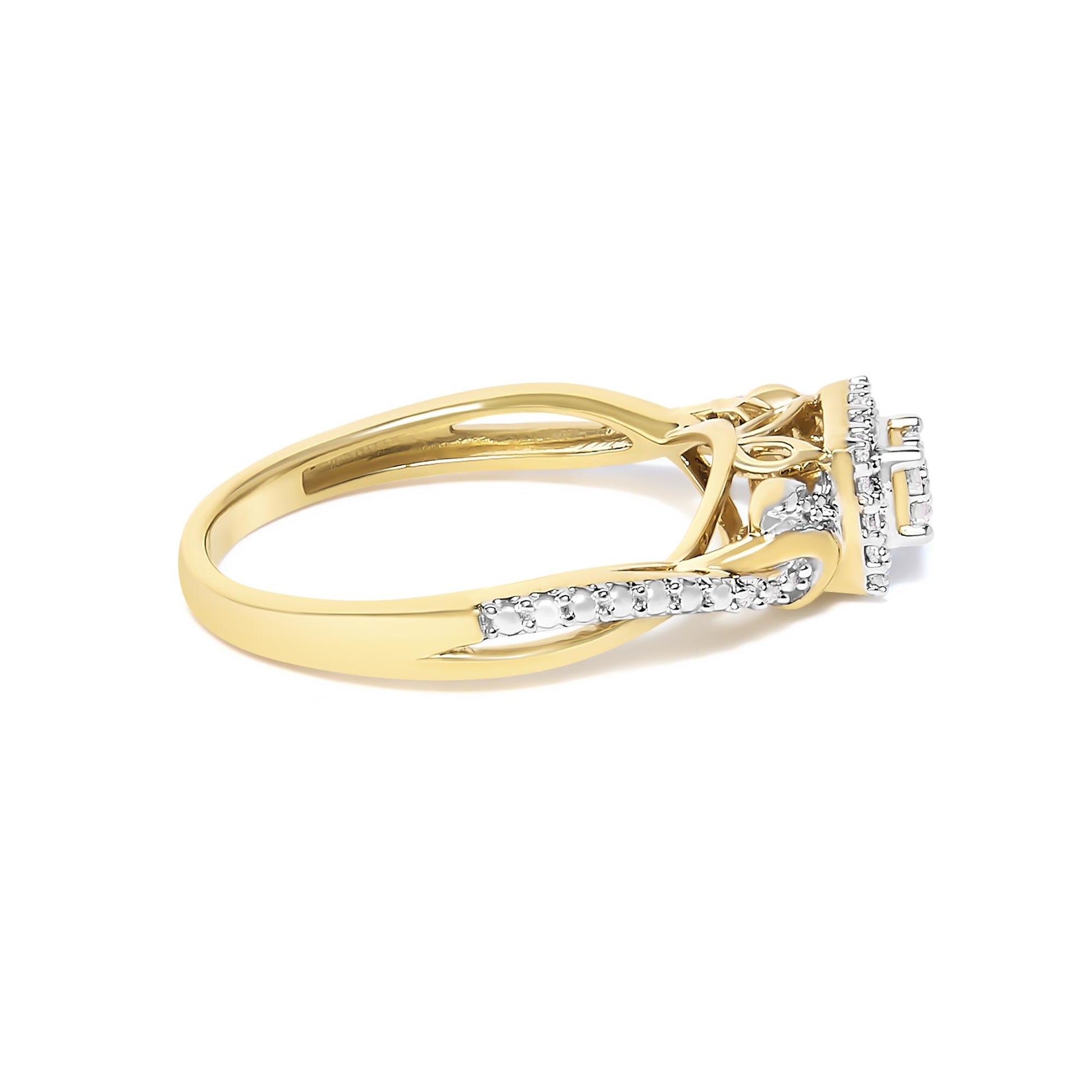Side angle view of a yellow metal ring featuring white round gemstones in prong settings along the band and around the top setting.