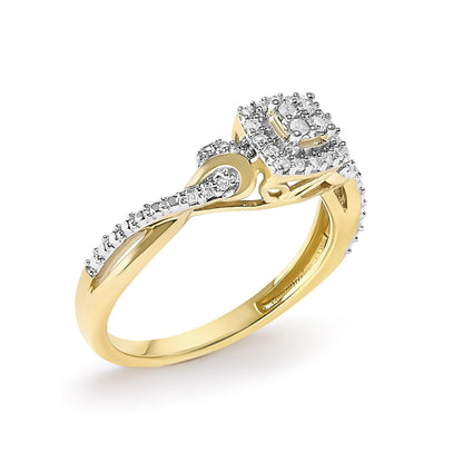 Yellow metal ring with an intricate twisting band design, featuring clusters of small white gemstones in prong settings. Image shows the ring at a slight front angle on a white background.