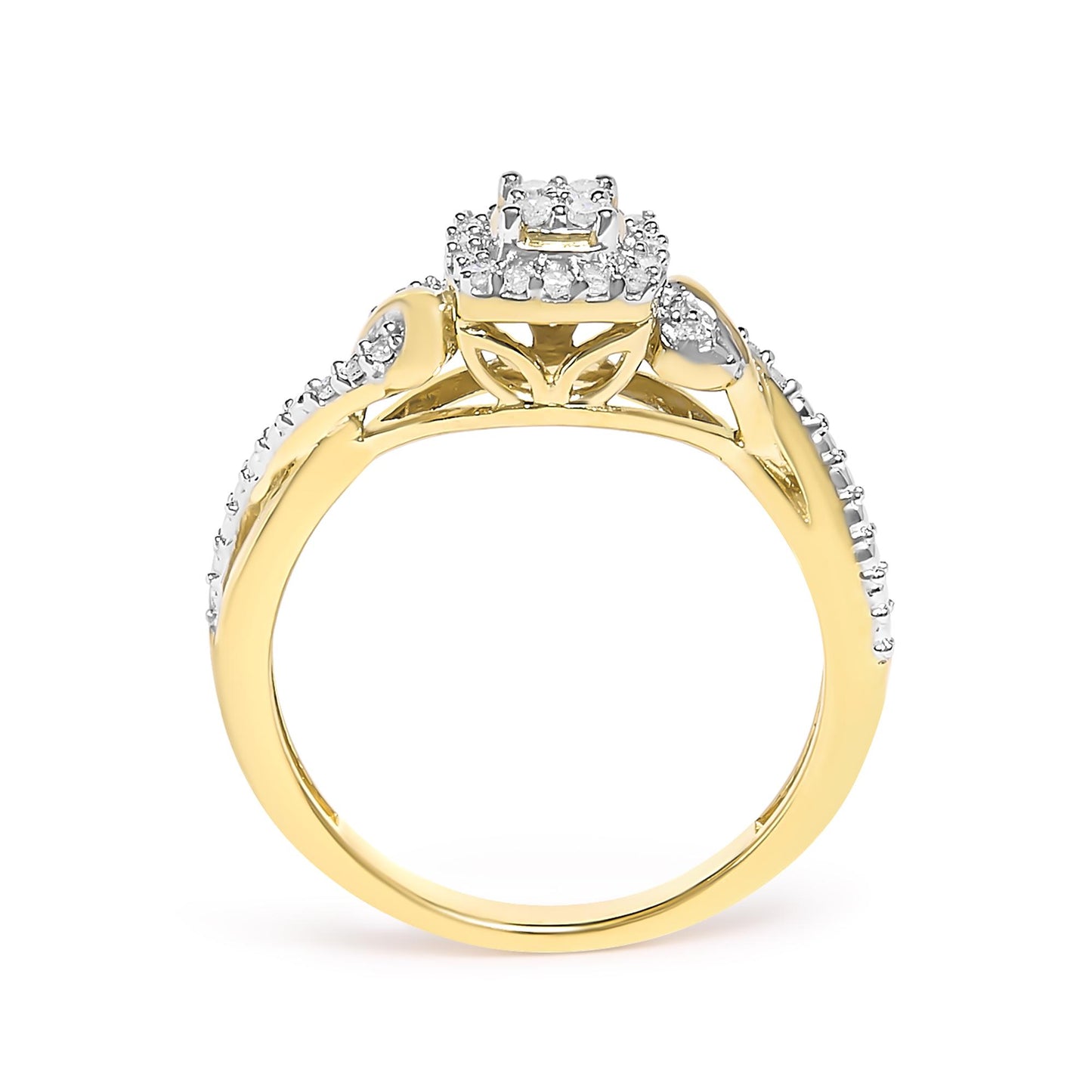 Yellow metal ring with a multi-tiered square cluster of white round gemstones on top, detailed with additional white round gemstones along the split shank, shown from a side angle.