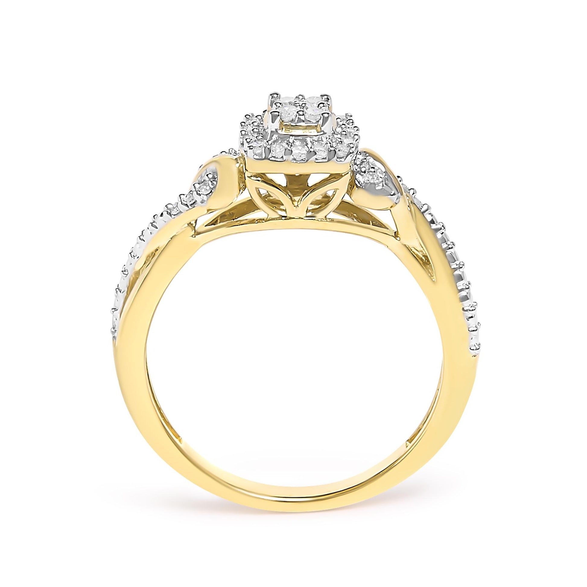 Yellow metal ring with a multi-tiered square cluster of white round gemstones on top, detailed with additional white round gemstones along the split shank, shown from a side angle.