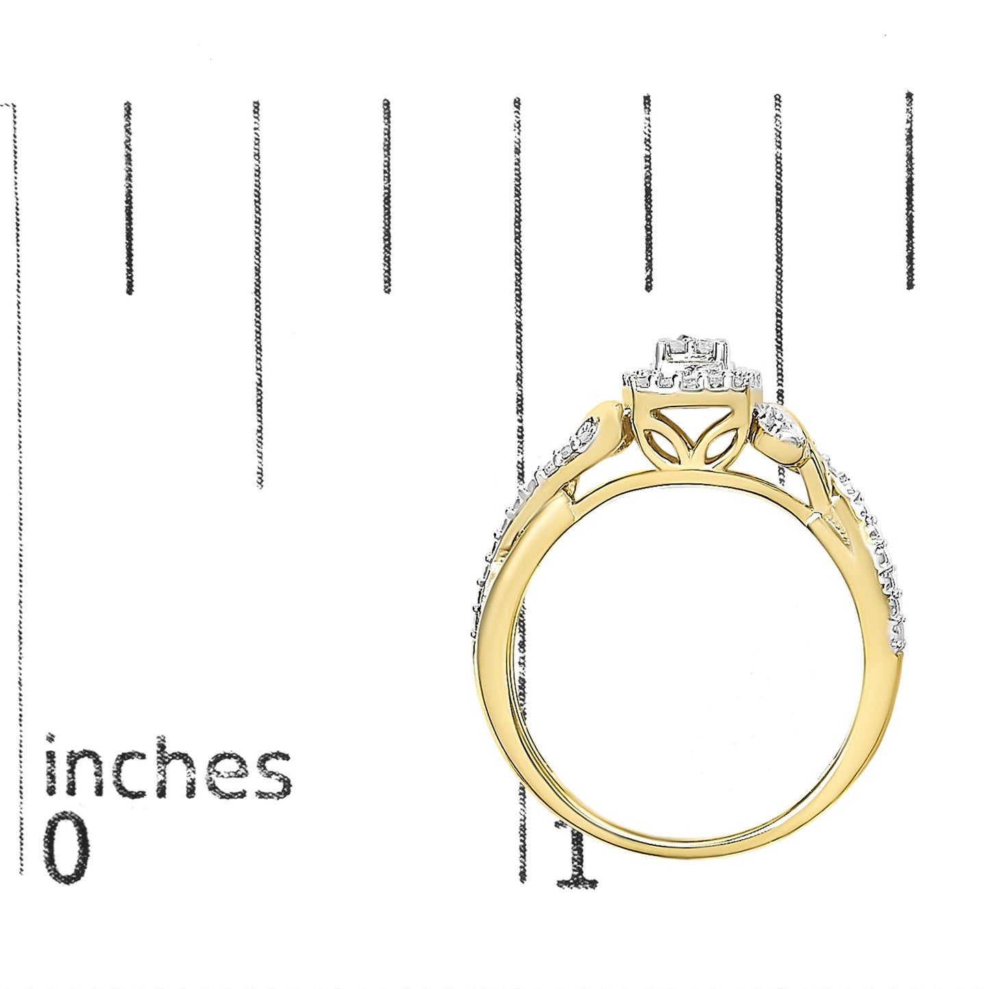 Yellow metal ring with round white gemstones in prong settings along the band and on an elevated center design, shown on a scale from the side angle.