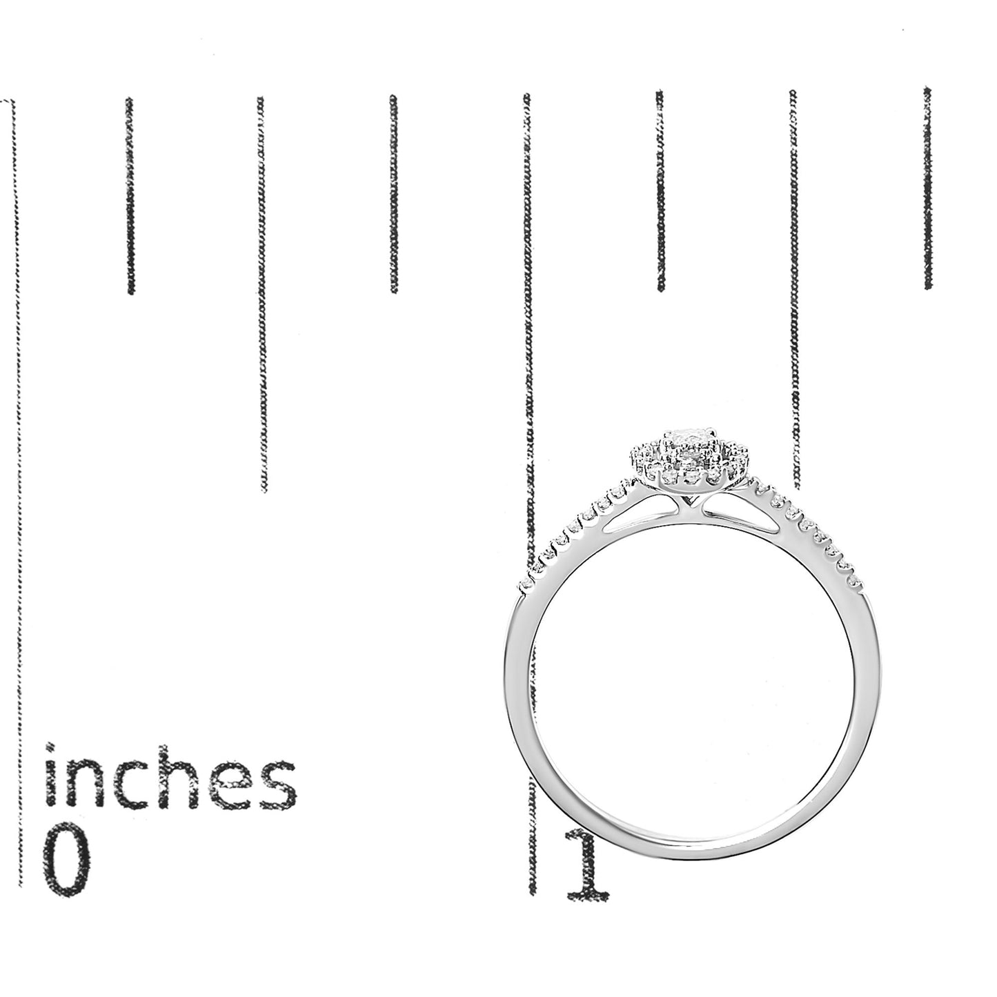 White metal ring with a cluster of round white gemstones in prong settings on top, additional gemstones set along the band, shown on a scale from the side angle.