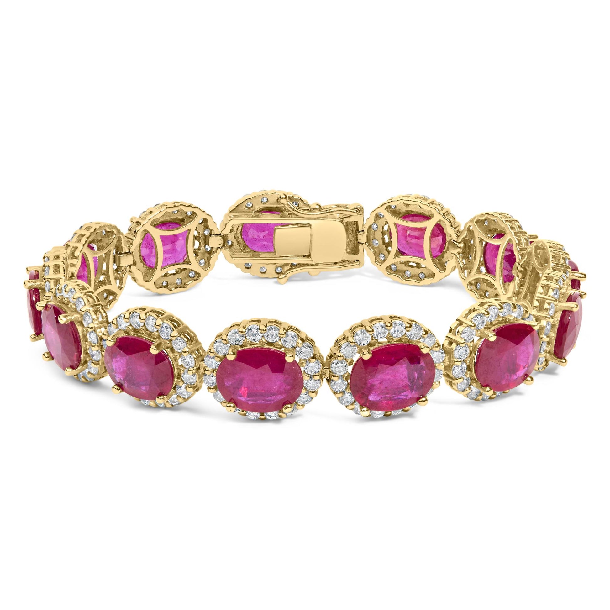 Yellow bracelet shown from a front angle featuring oval red gemstones surrounded by round white gemstones in a prong setting.