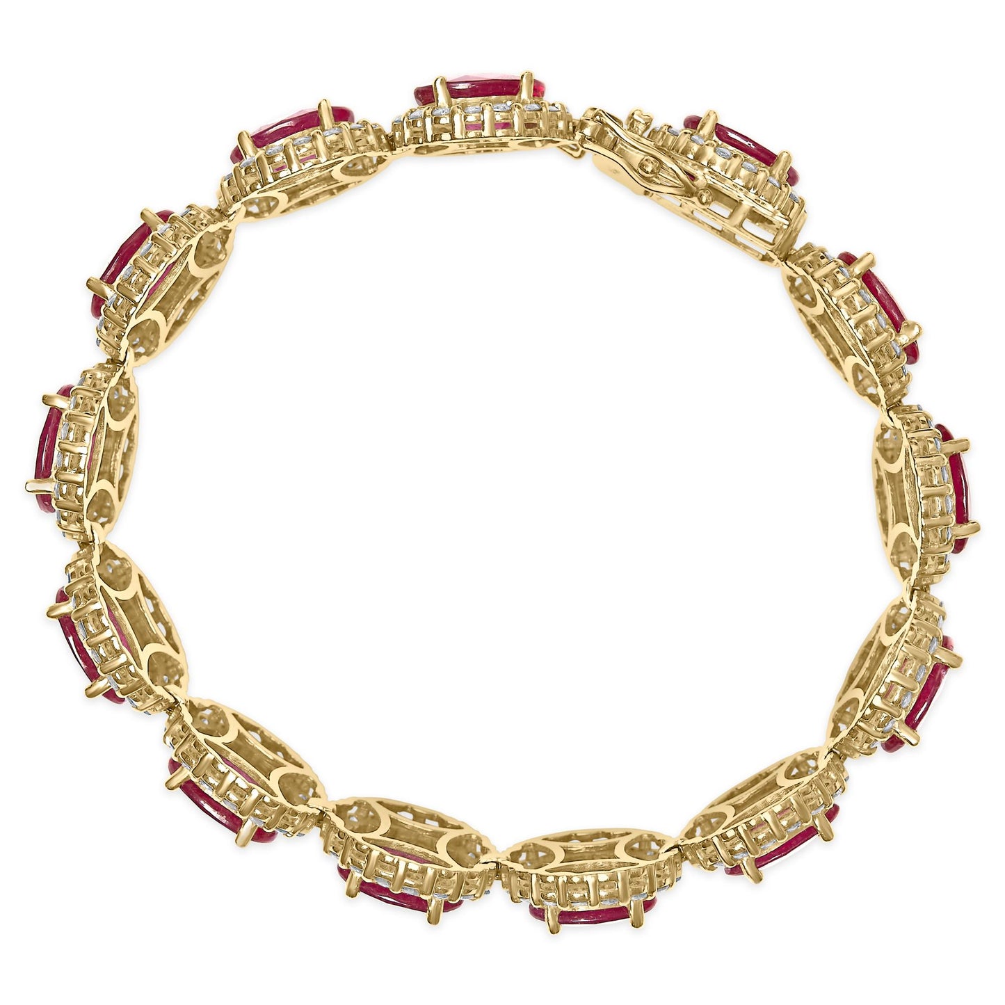 Top-down view of a yellow metal bracelet featuring alternating oval red gemstones and round white gemstones in four-prong settings.