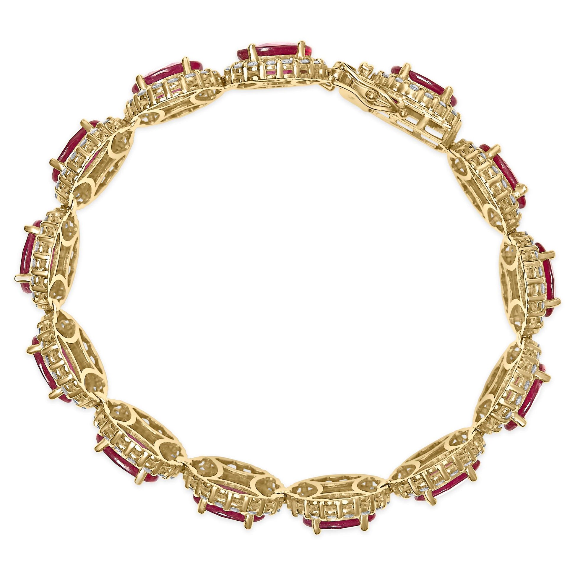 Top-down view of a yellow metal bracelet featuring alternating oval red gemstones and round white gemstones in four-prong settings.