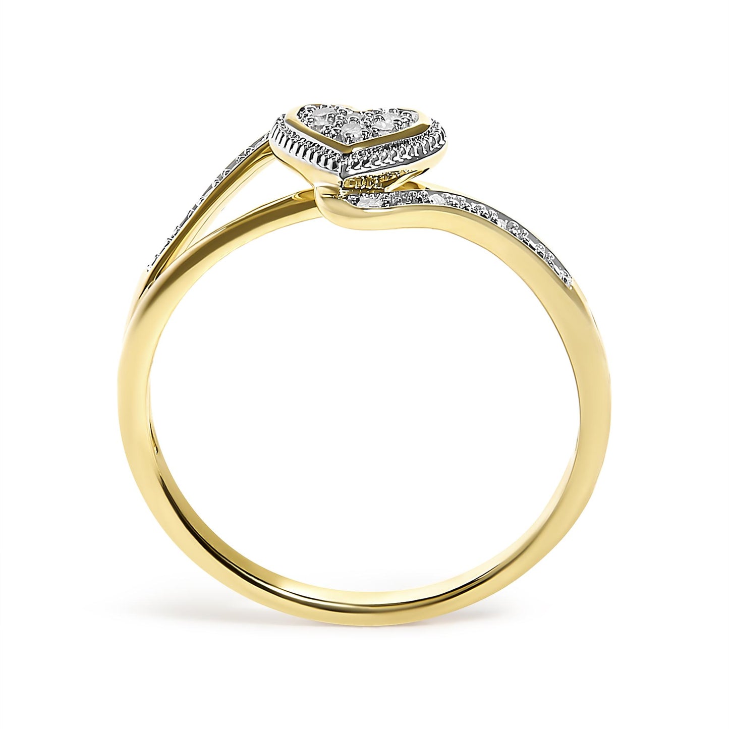 Yellow metal ring with a split shank design, featuring a heart-shaped cluster of white gemstones in pave settings, shown in a side view on a white background.