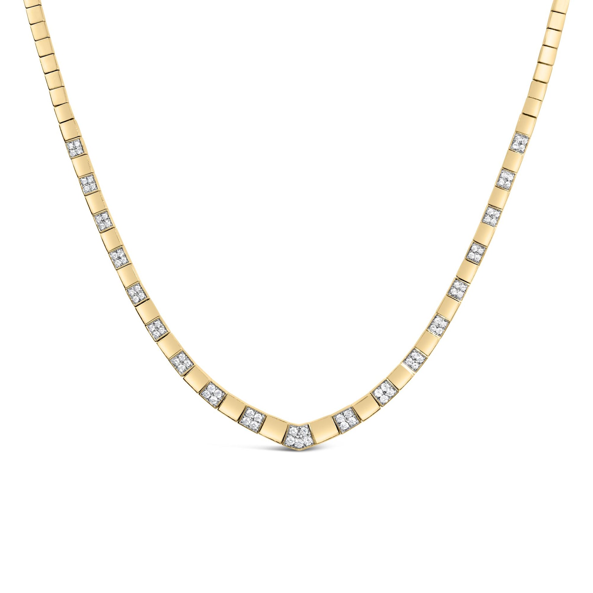 Yellow metal necklace with alternating square links and white gemstones in 4-prong settings, shown from a front angle.
