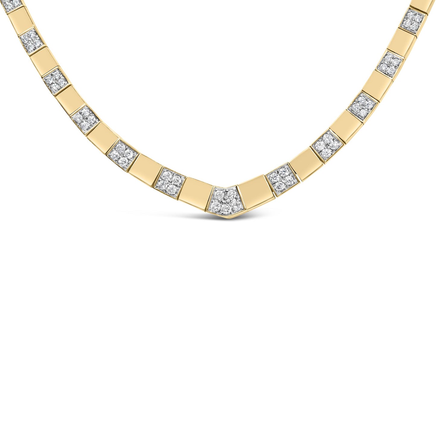 Close-up front view of a yellow necklace with alternating square links and white round gemstones set in 4-prong settings.
