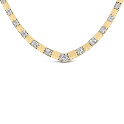 Close-up front view of a yellow necklace with alternating square links and white round gemstones set in 4-prong settings.