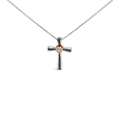 14K Rose Gold Plated Sterling Silver Black Rhodium Diamond Accent Heart Cross Pendant Necklace