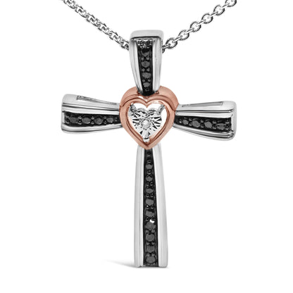 14K Rose Gold Plated Sterling Silver Black Rhodium Diamond Accent Heart Cross Pendant Necklace