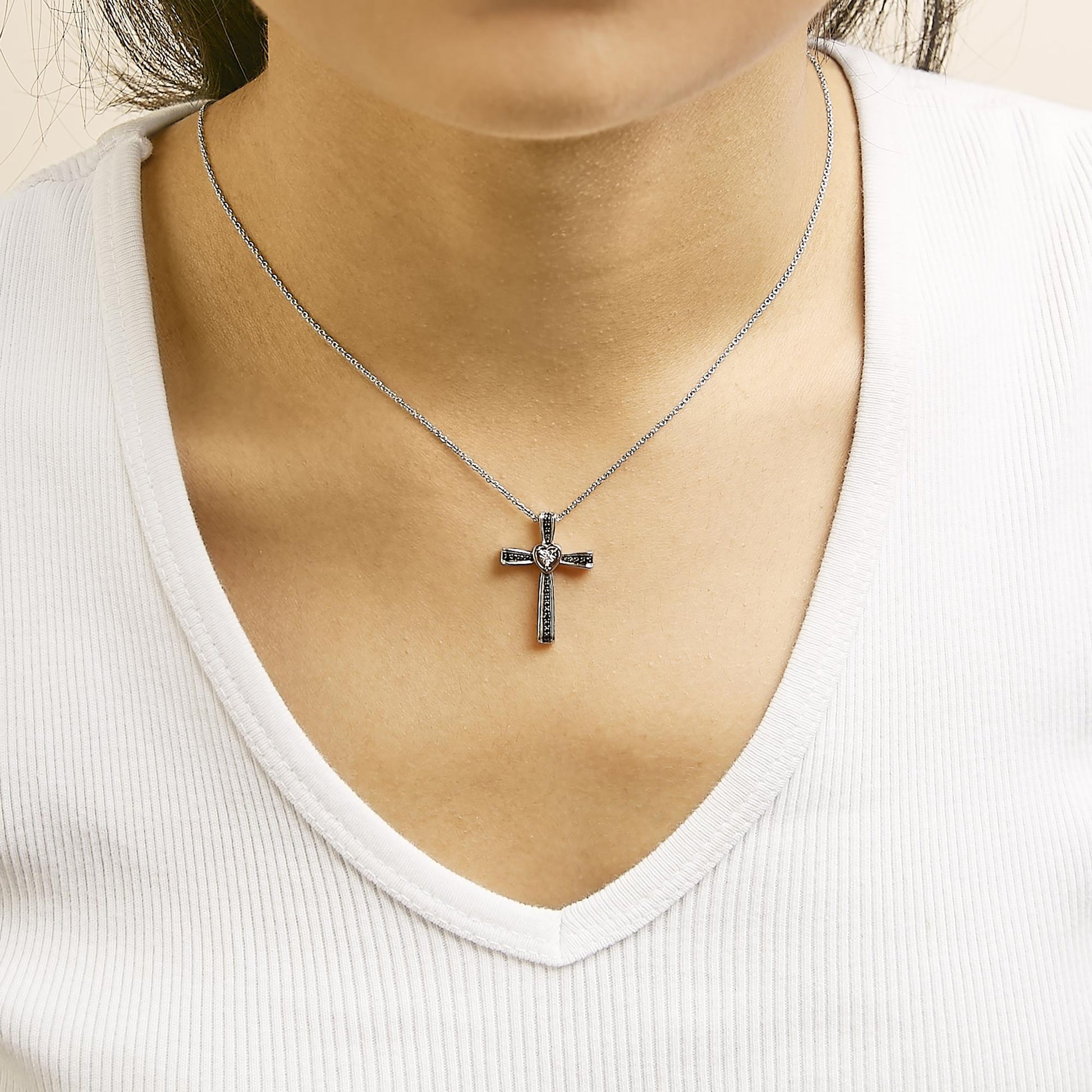 14K Rose Gold Plated Sterling Silver Black Rhodium Diamond Accent Heart Cross Pendant Necklace