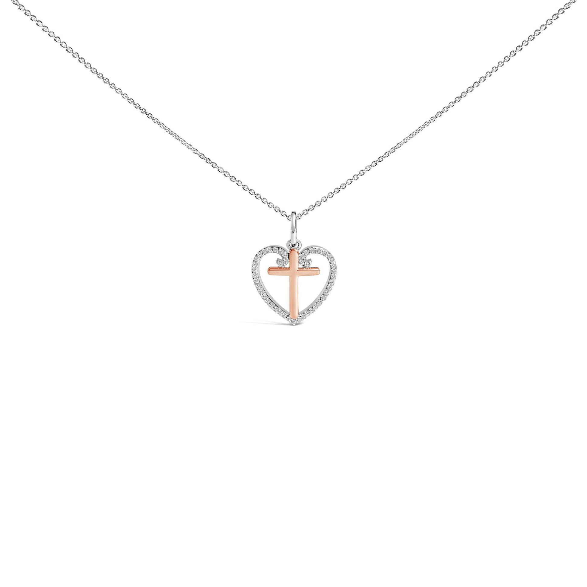 14K Rose Gold Plated Sterling Silver 1/5 Cttw Diamond Heart Cross Pendant Necklace