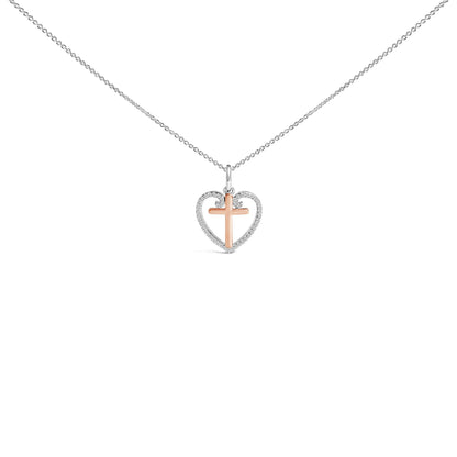 14K Rose Gold Plated Sterling Silver 1/5 Cttw Diamond Heart Cross Pendant Necklace